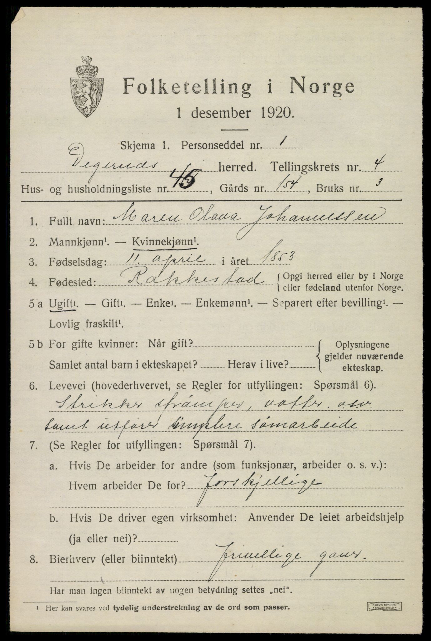 SAO, 1920 census for Degernes, 1920, p. 2738