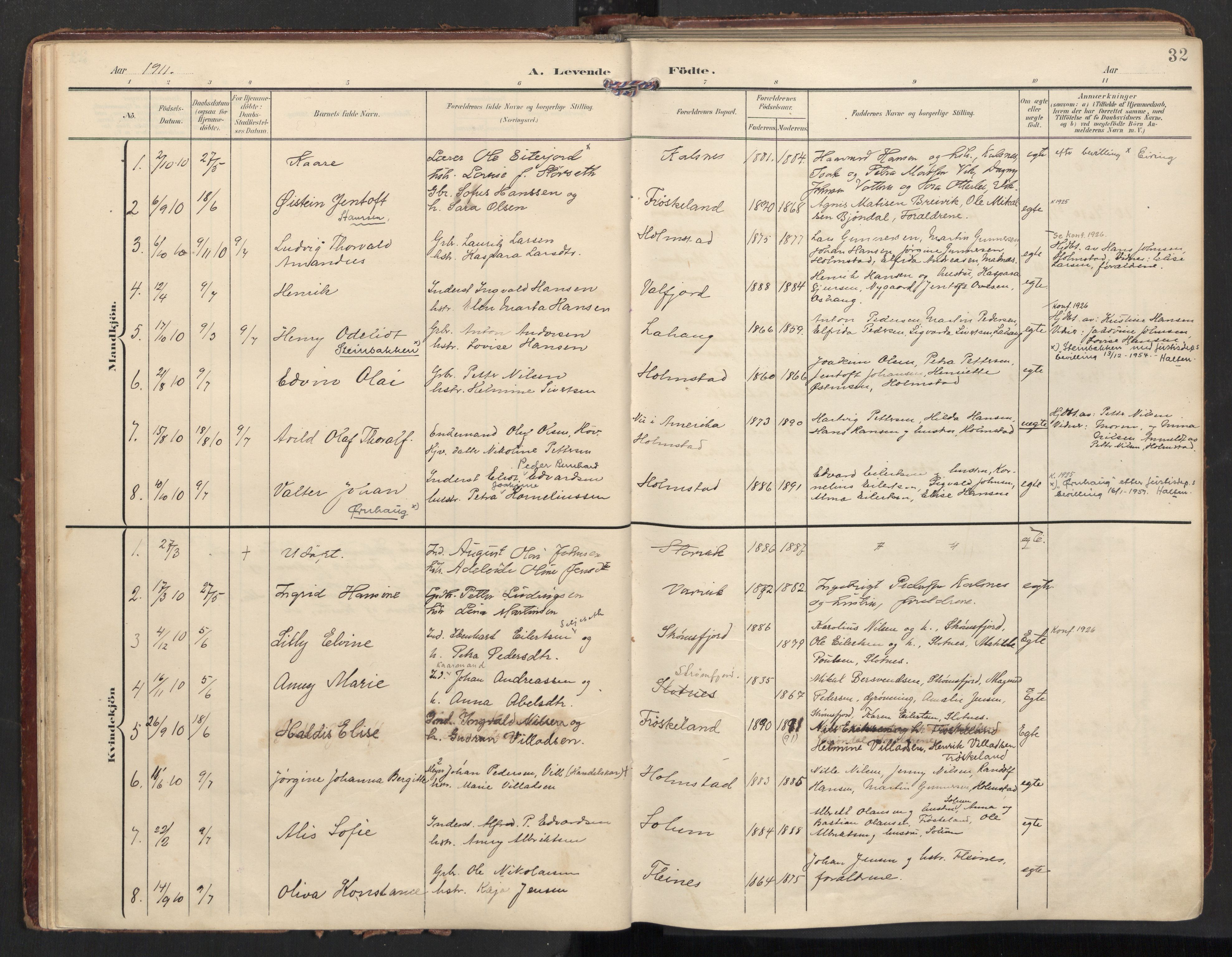 Ministerialprotokoller, klokkerbøker og fødselsregistre - Nordland, SAT/A-1459/890/L1287: Parish register (official) no. 890A02, 1903-1915, p. 32