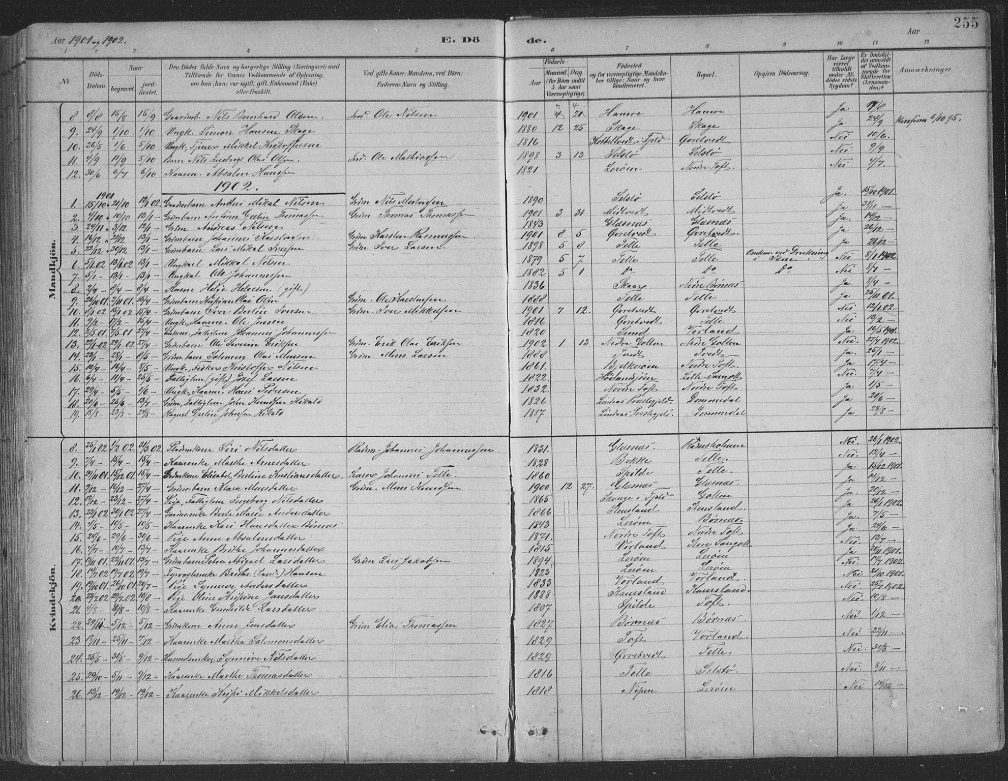 Sund sokneprestembete, SAB/A-99930: Parish register (copy) no. B 3, 1882-1911, p. 255