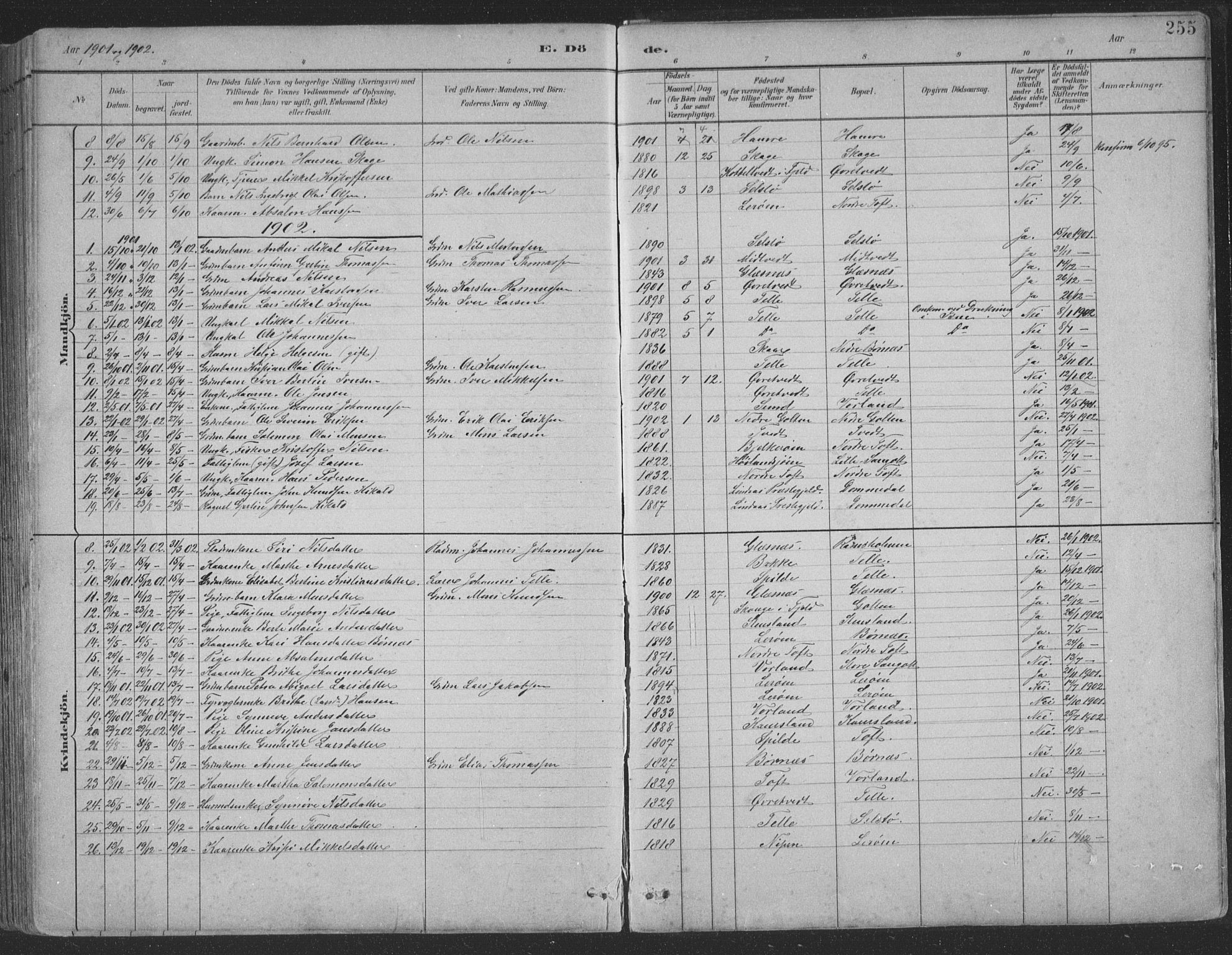 Sund sokneprestembete, AV/SAB-A-99930: Parish register (copy) no. B 3, 1882-1911, p. 255