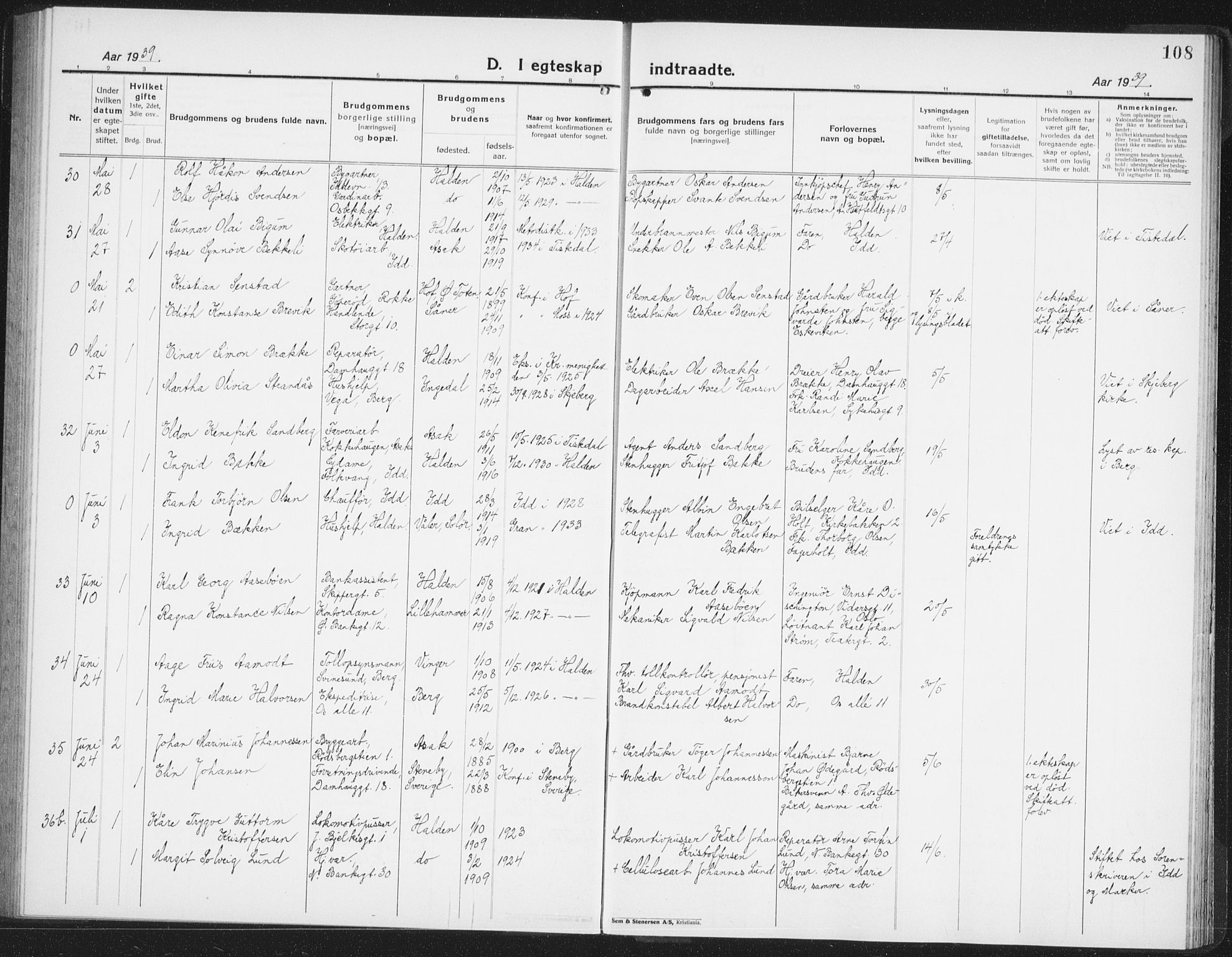 Halden prestekontor Kirkebøker, AV/SAO-A-10909/G/Ga/L0014: Parish register (copy) no. 14, 1925-1943, p. 108