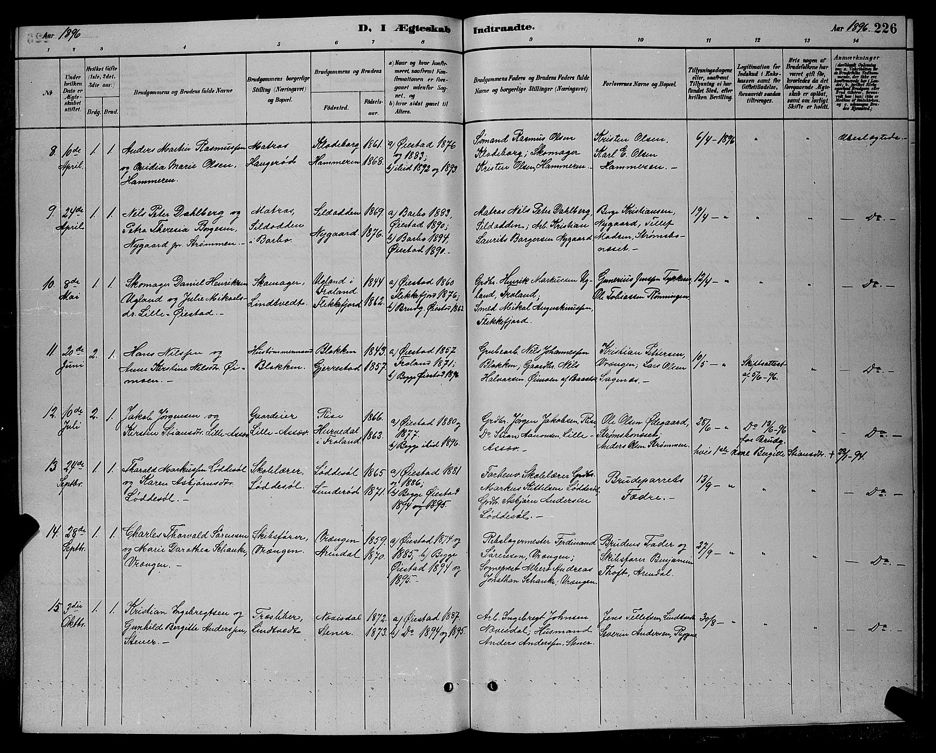 Øyestad sokneprestkontor, SAK/1111-0049/F/Fb/L0009: Parish register (copy) no. B 9, 1886-1896, p. 226