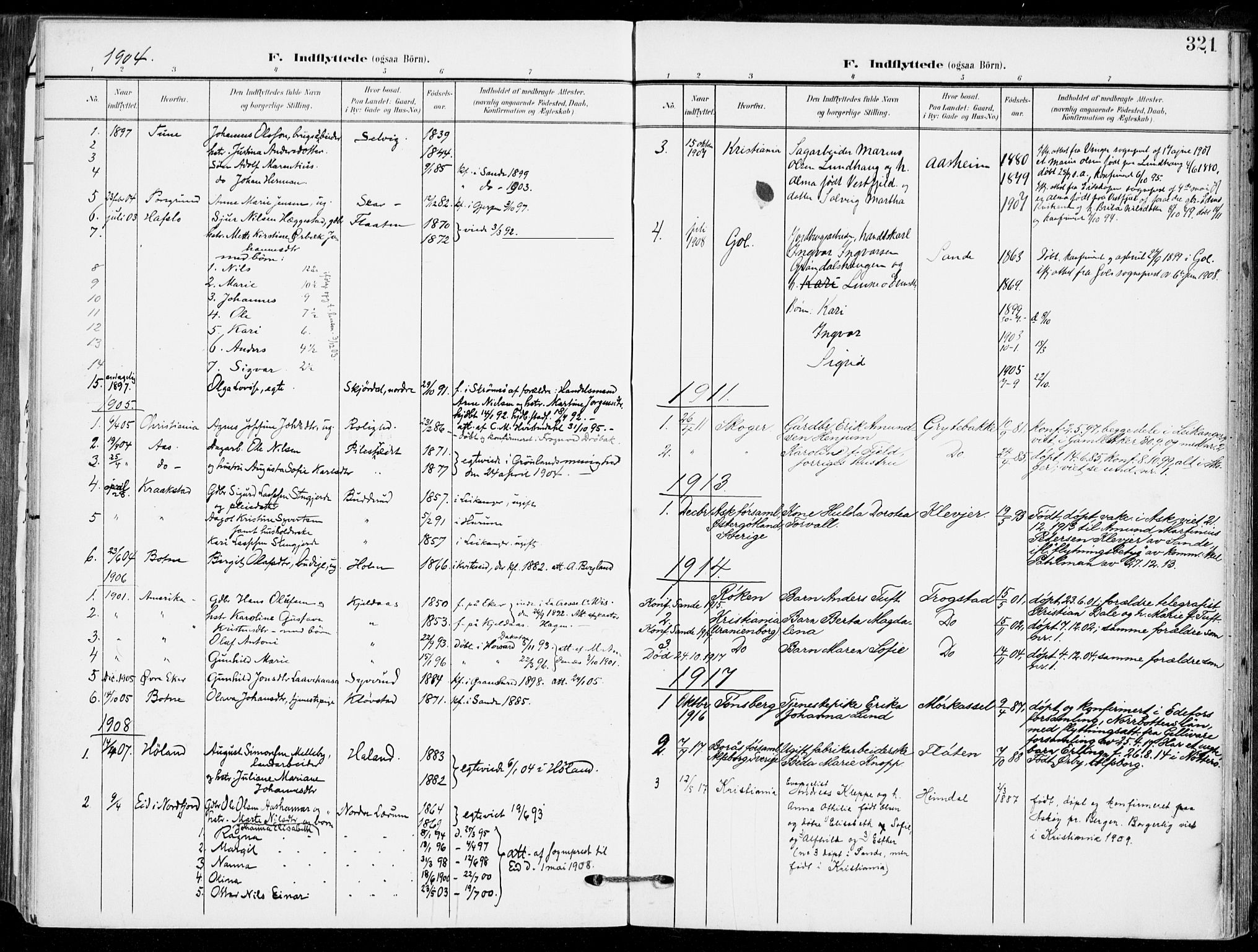 Sande Kirkebøker, AV/SAKO-A-53/F/Fa/L0008: Parish register (official) no. 8, 1904-1921, p. 321