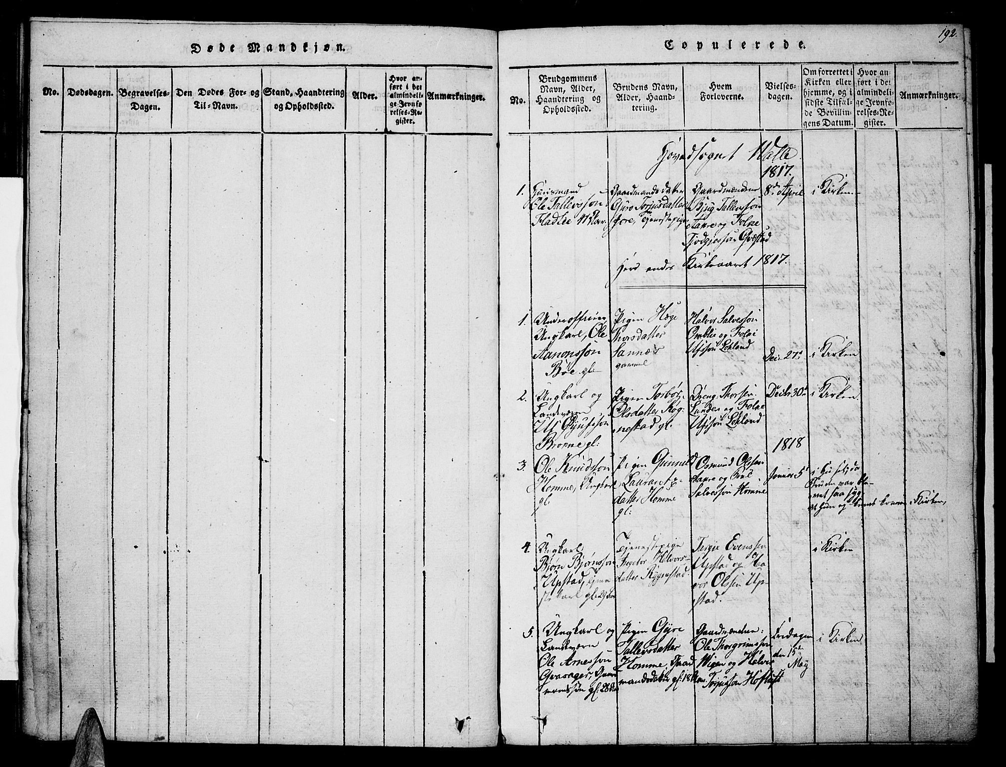 Valle sokneprestkontor, SAK/1111-0044/F/Fa/Fac/L0005: Parish register (official) no. A 5 /1, 1816-1831, p. 192