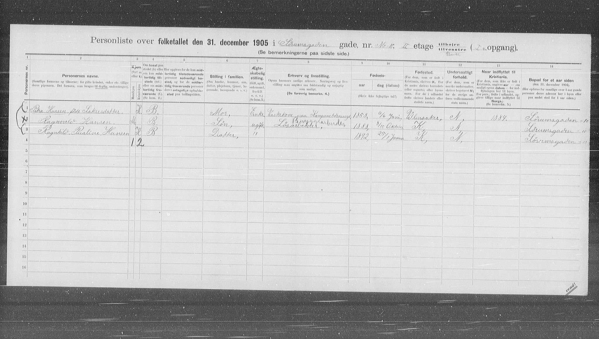 OBA, Municipal Census 1905 for Kristiania, 1905, p. 56030