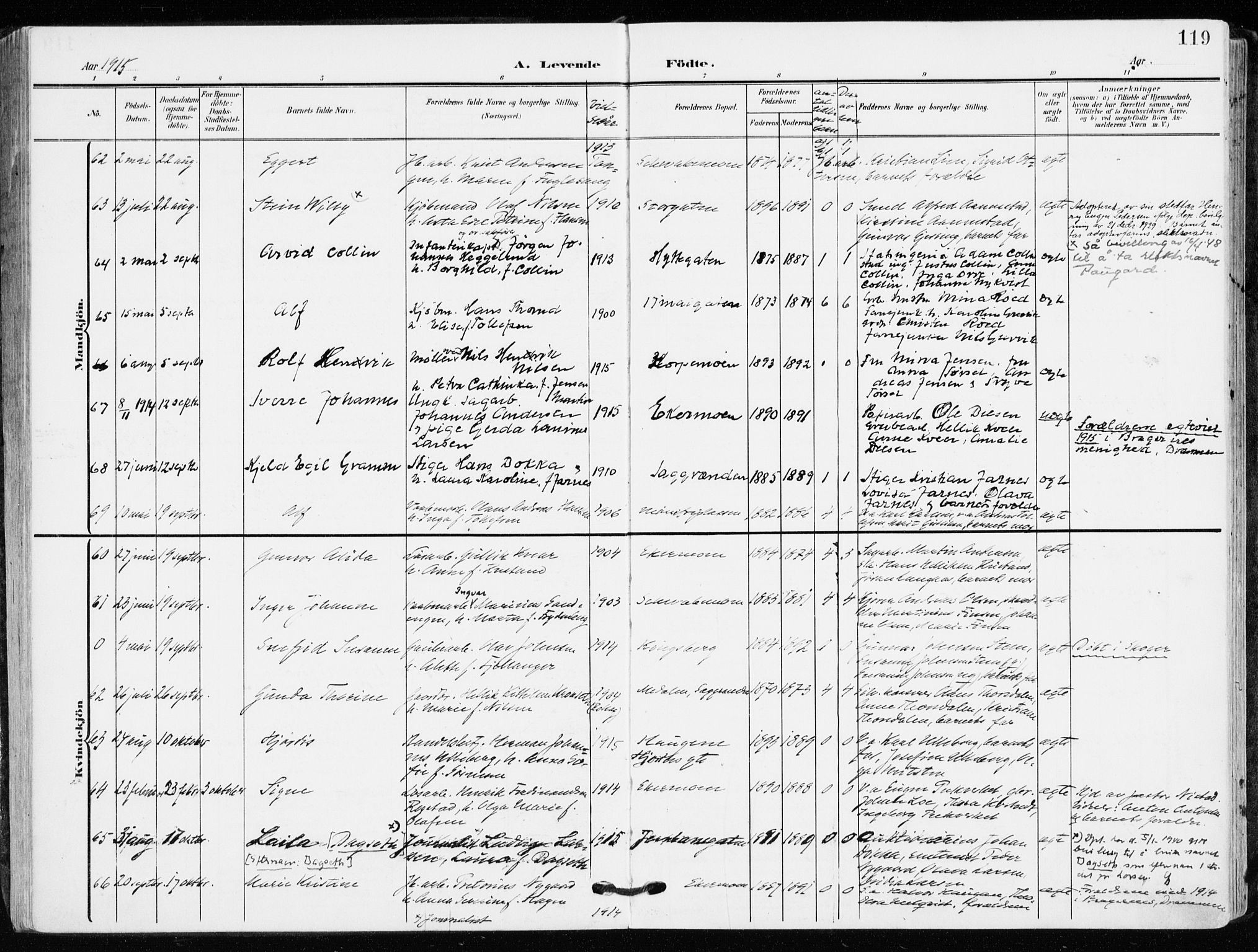 Kongsberg kirkebøker, AV/SAKO-A-22/F/Fb/L0004: Parish register (official) no. II 4, 1906-1918, p. 119