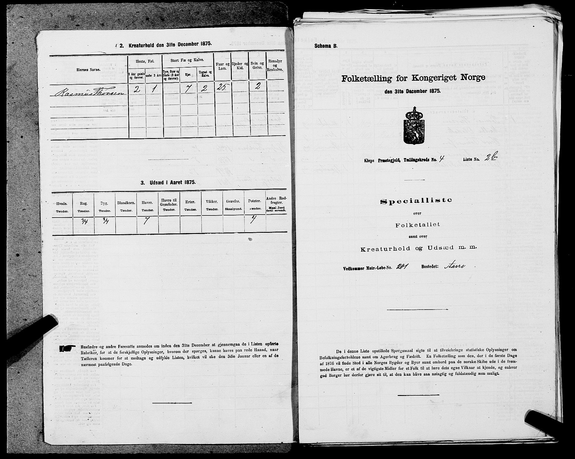 SAST, 1875 census for 1120P Klepp, 1875, p. 726