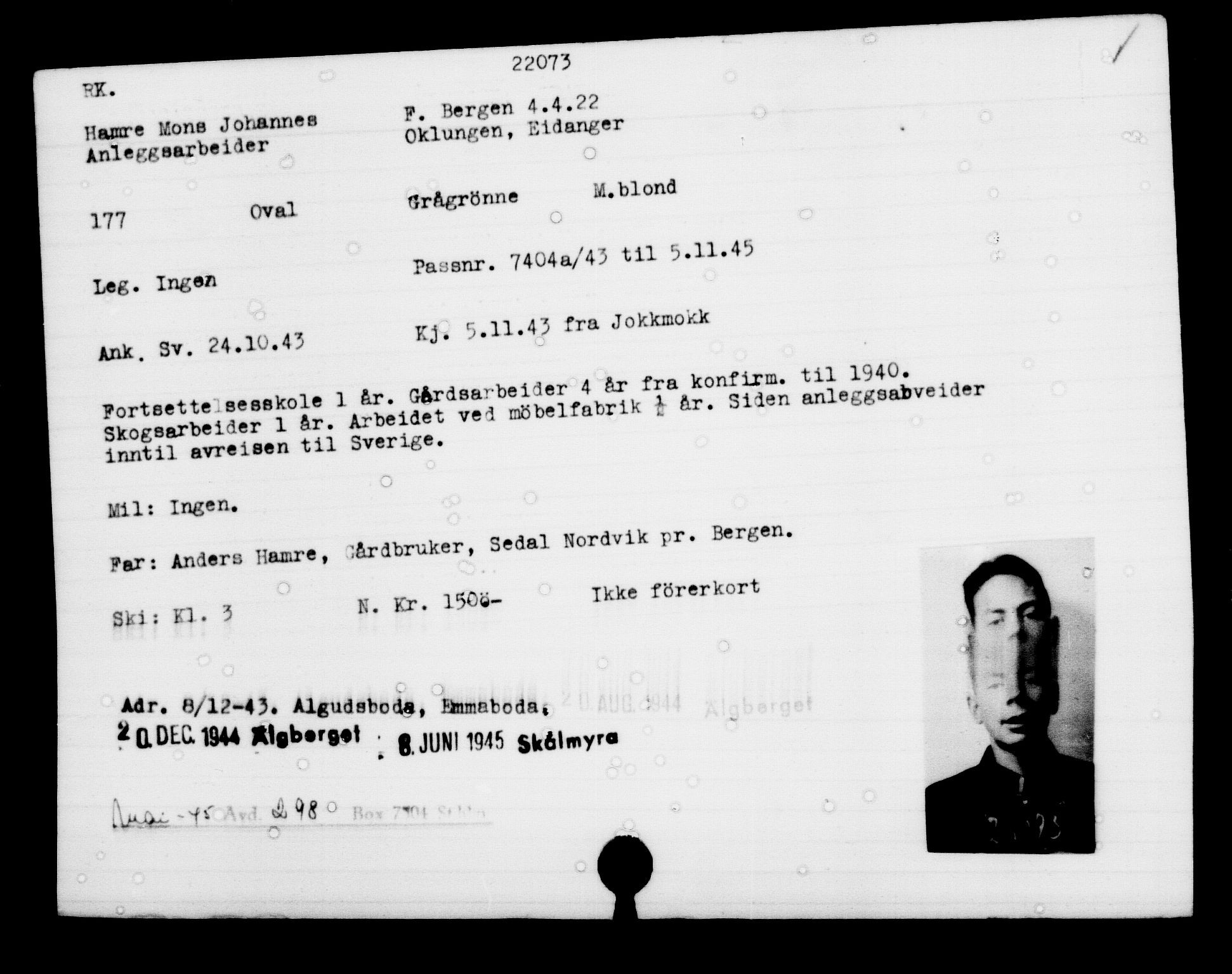 Utenriksstasjonene, Legasjonen i Stockholm, Flyktningkontoret, AV/RA-S-6753/V/Va/L0010: Kjesäterkartoteket, flyktninger med registreringsnr. 22000-25314, 1940-1945, p. 88