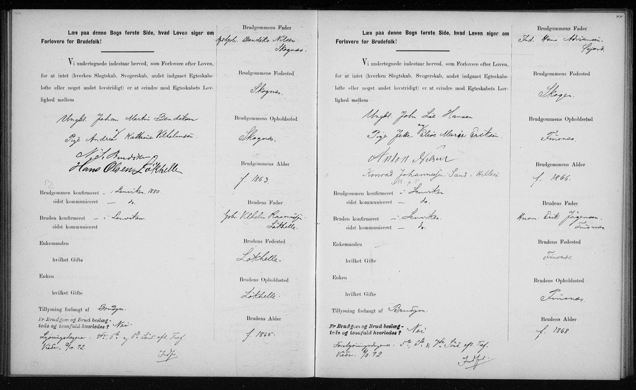 Lenvik sokneprestembete, AV/SATØ-S-1310/I/Ie/L0129: Banns register no. 129, 1890-1895, p. 44