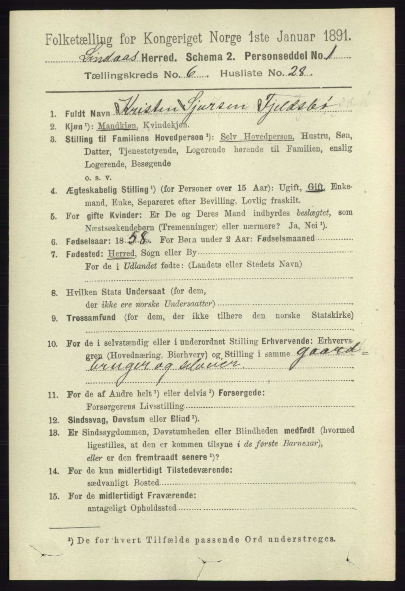 RA, 1891 census for 1263 Lindås, 1891, p. 2030