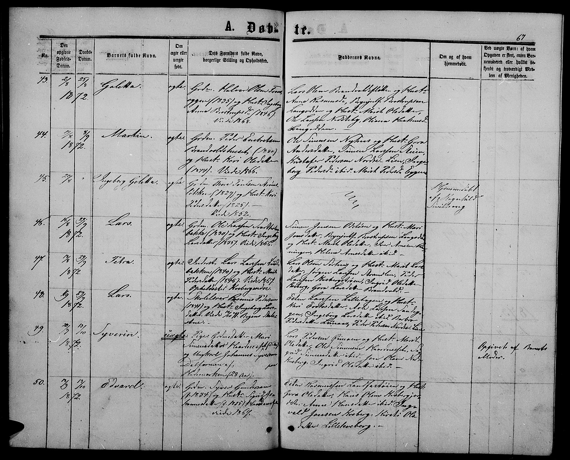 Alvdal prestekontor, SAH/PREST-060/H/Ha/Hab/L0002: Parish register (copy) no. 2, 1863-1878, p. 67