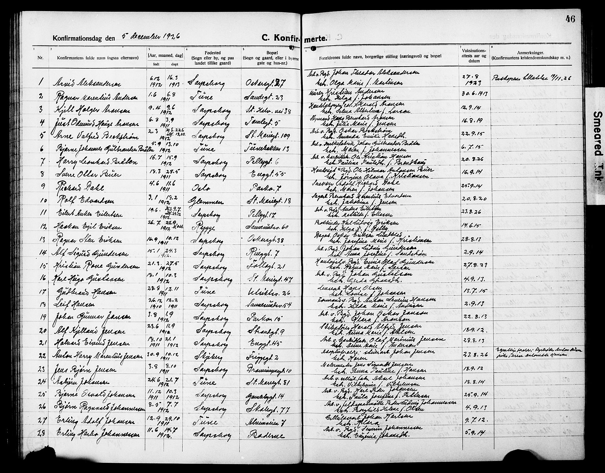 Sarpsborg prestekontor Kirkebøker, AV/SAO-A-2006/G/Ga/L0003: Parish register (copy) no. 3, 1922-1931, p. 46