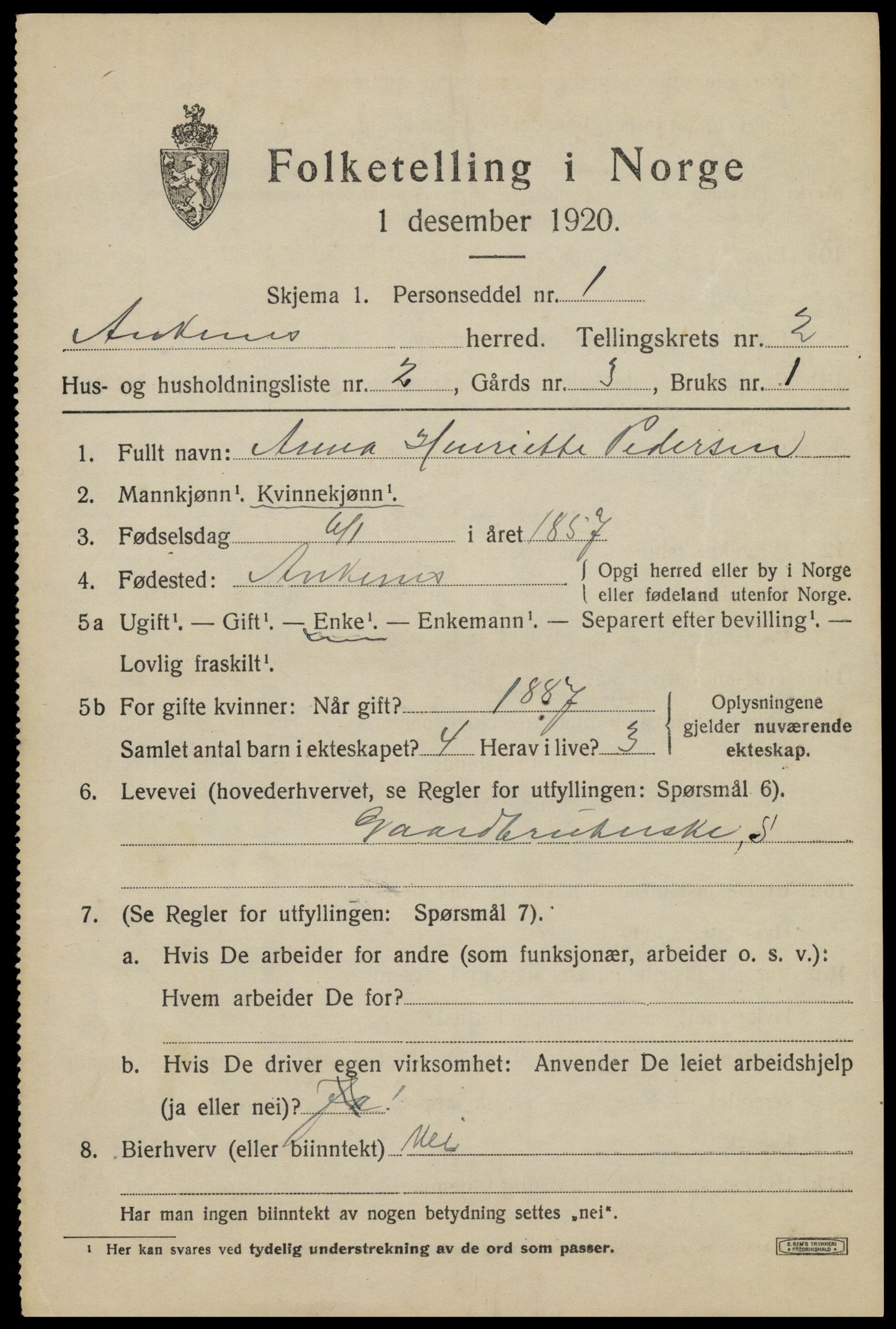 SAT, 1920 census for Ankenes, 1920, p. 1413