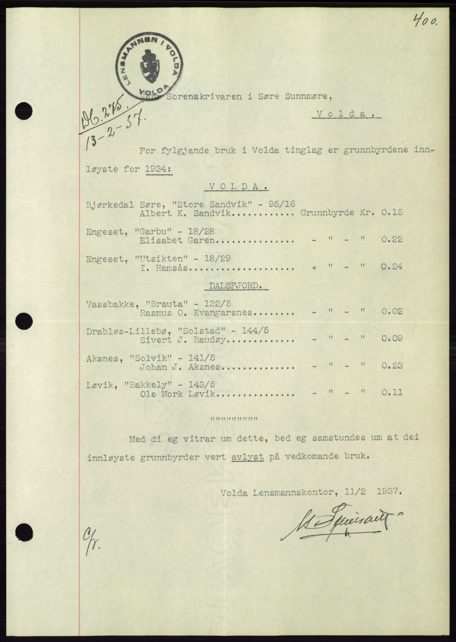 Søre Sunnmøre sorenskriveri, AV/SAT-A-4122/1/2/2C/L0062: Mortgage book no. 56, 1936-1937, Diary no: : 275/1937