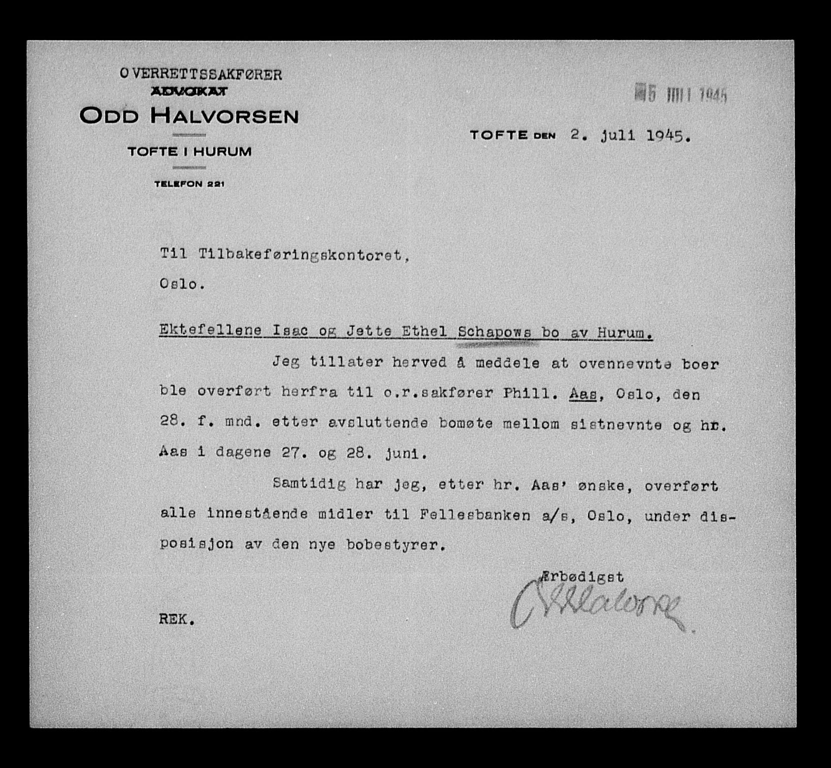 Justisdepartementet, Tilbakeføringskontoret for inndratte formuer, AV/RA-S-1564/H/Hc/Hcd/L1005: --, 1945-1947, p. 276