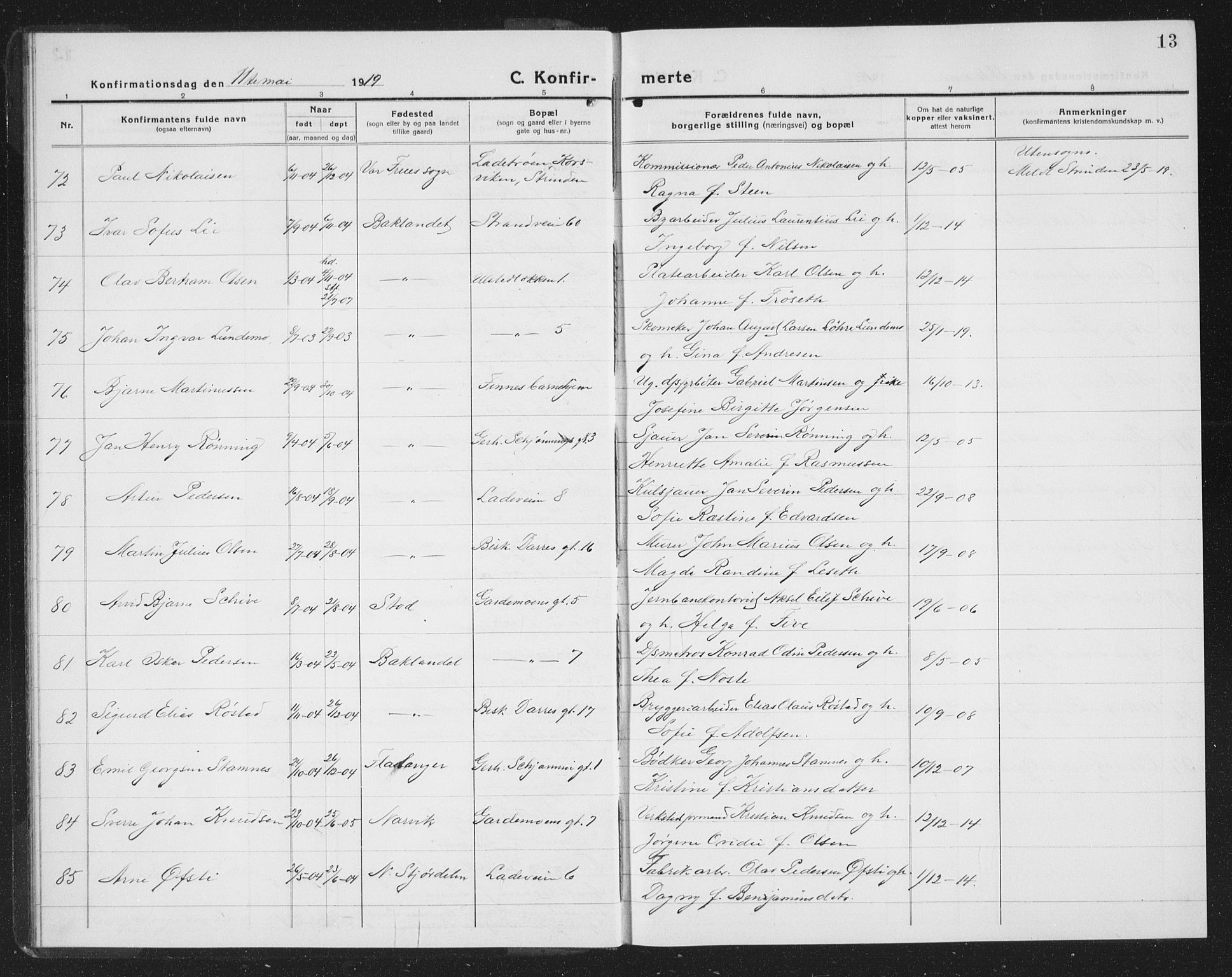 Ministerialprotokoller, klokkerbøker og fødselsregistre - Sør-Trøndelag, SAT/A-1456/605/L0258: Parish register (copy) no. 605C05, 1918-1930, p. 13