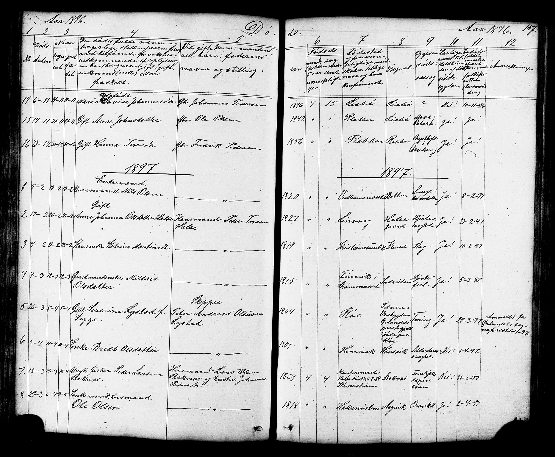 Ministerialprotokoller, klokkerbøker og fødselsregistre - Møre og Romsdal, SAT/A-1454/576/L0890: Parish register (copy) no. 576C01, 1837-1908, p. 157