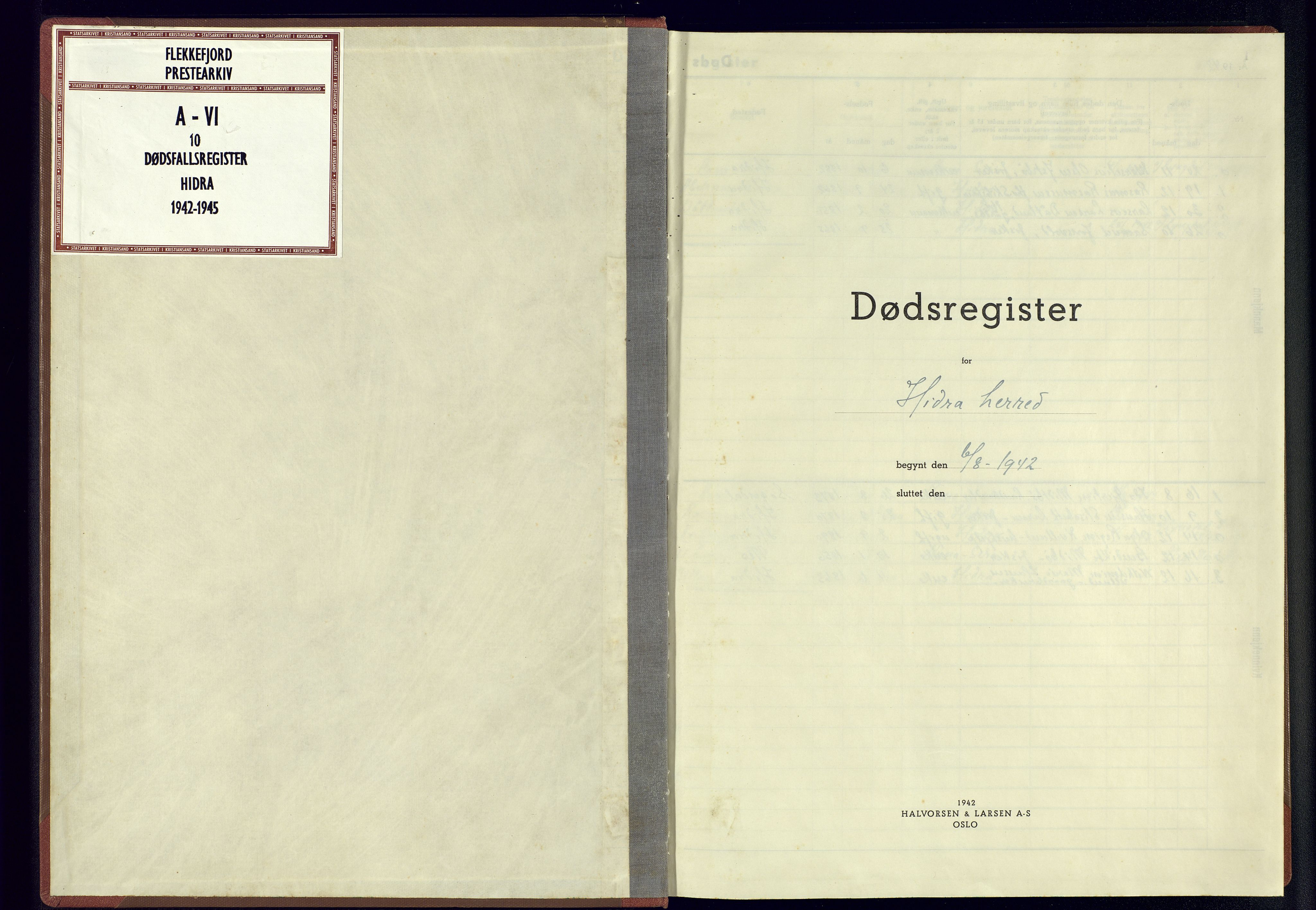 Flekkefjord sokneprestkontor, SAK/1111-0012/J/Jb/L0009: A-VI-10 - Dødsfallsregister Hidra, 1942-1945