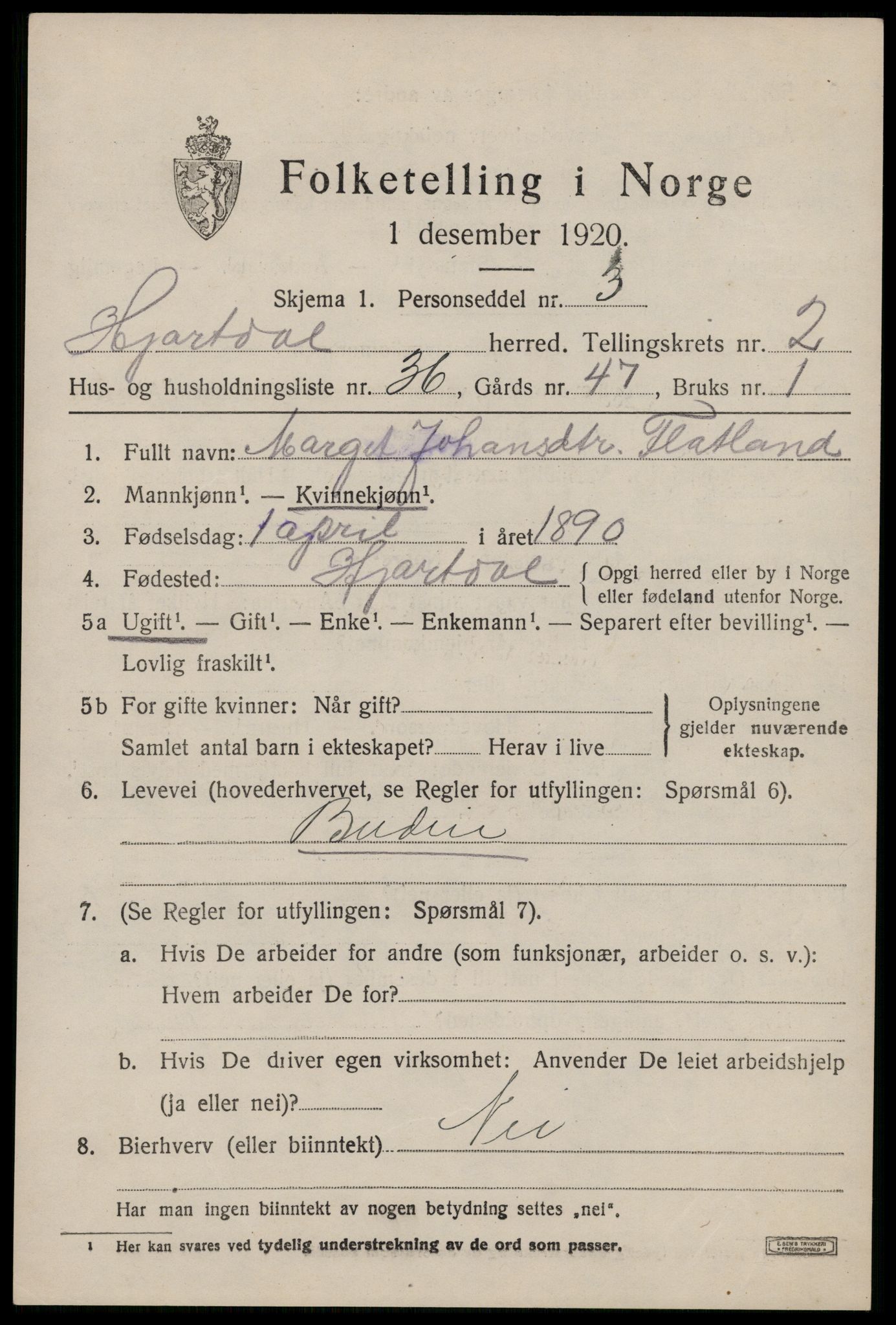 SAKO, 1920 census for Hjartdal, 1920, p. 2202