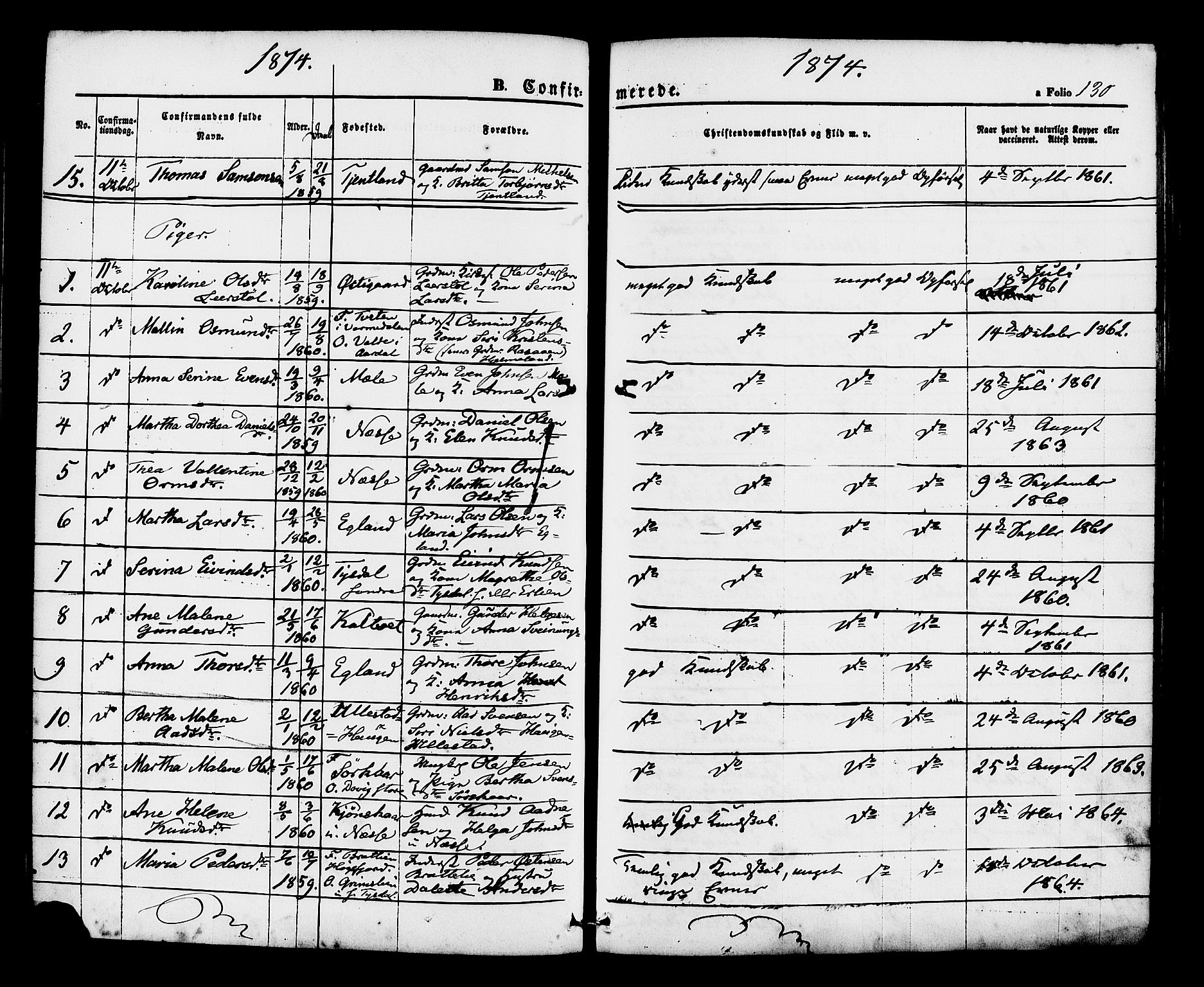 Hjelmeland sokneprestkontor, AV/SAST-A-101843/01/IV/L0012: Parish register (official) no. A 12, 1862-1886, p. 130