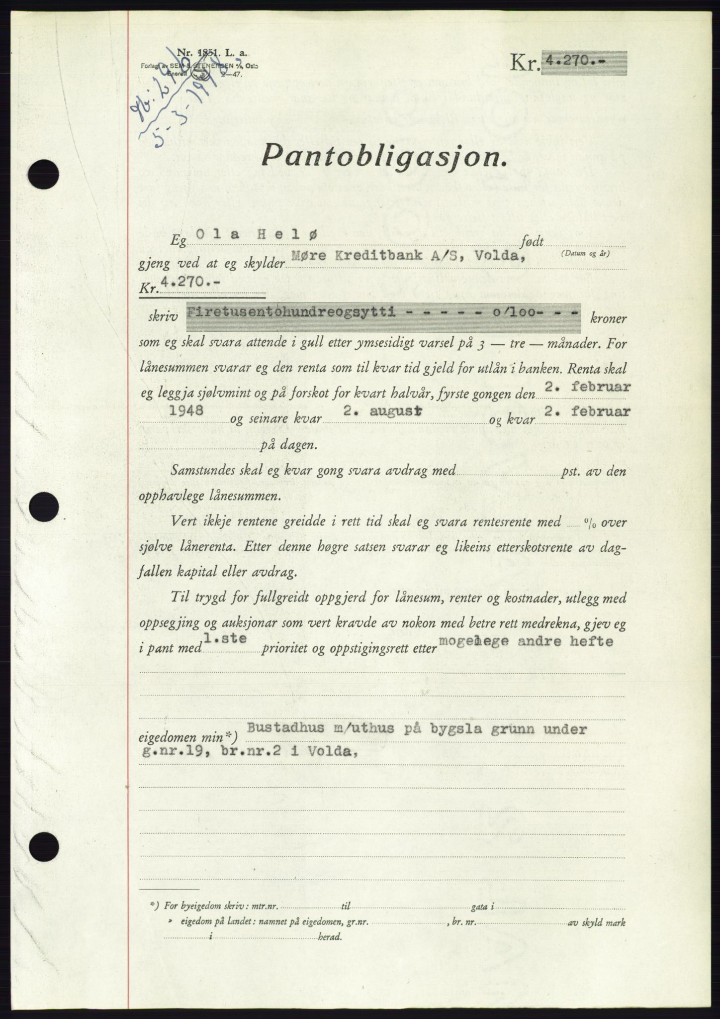 Søre Sunnmøre sorenskriveri, AV/SAT-A-4122/1/2/2C/L0115: Mortgage book no. 3B, 1947-1948, Diary no: : 296/1948