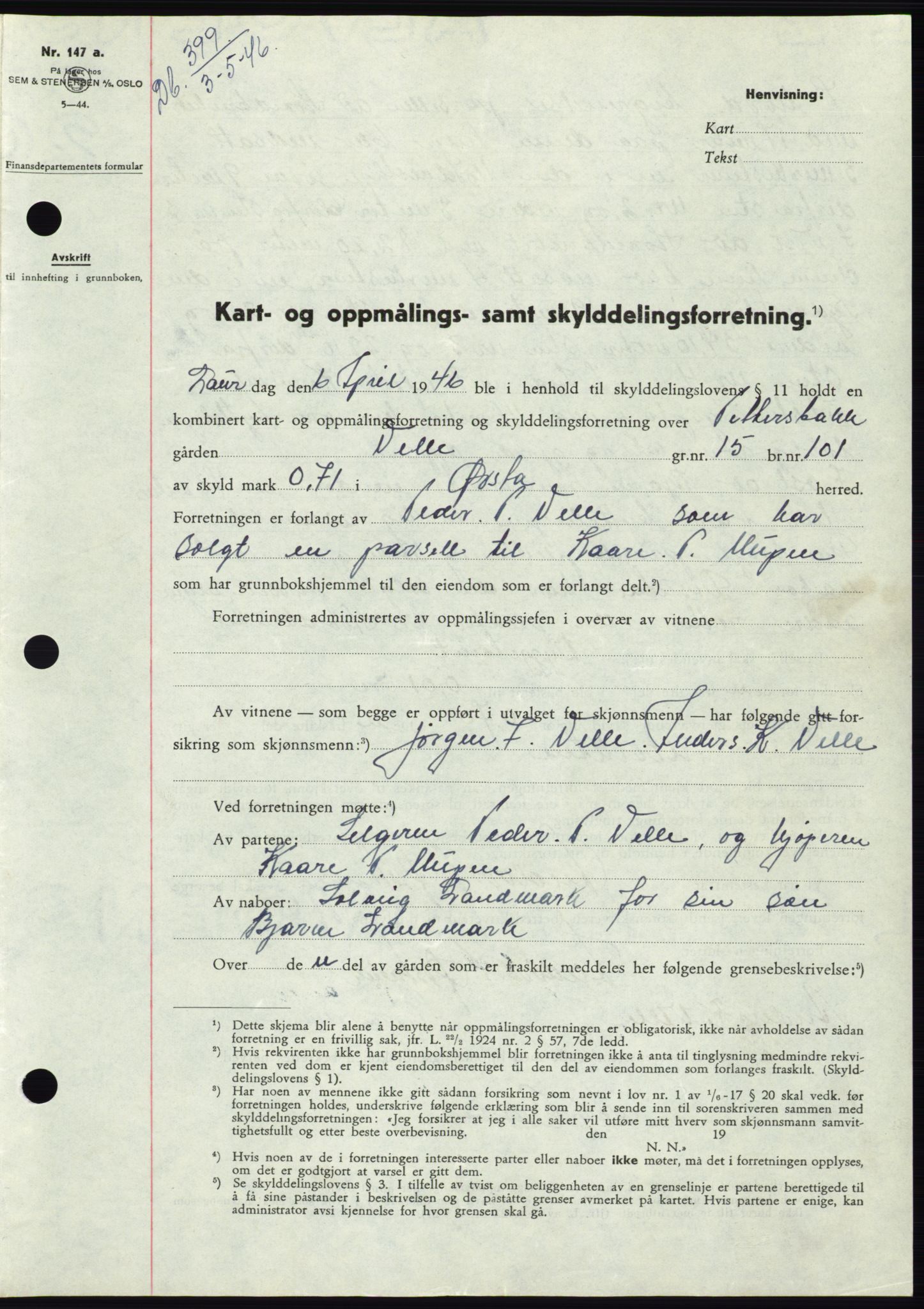 Søre Sunnmøre sorenskriveri, AV/SAT-A-4122/1/2/2C/L0078: Mortgage book no. 4A, 1946-1946, Diary no: : 399/1946