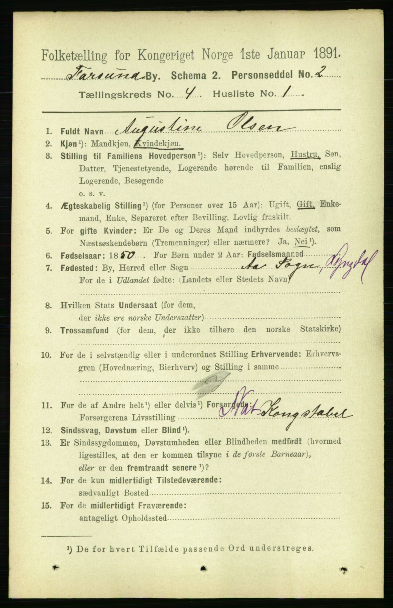 RA, 1891 census for 1003 Farsund, 1891, p. 1648