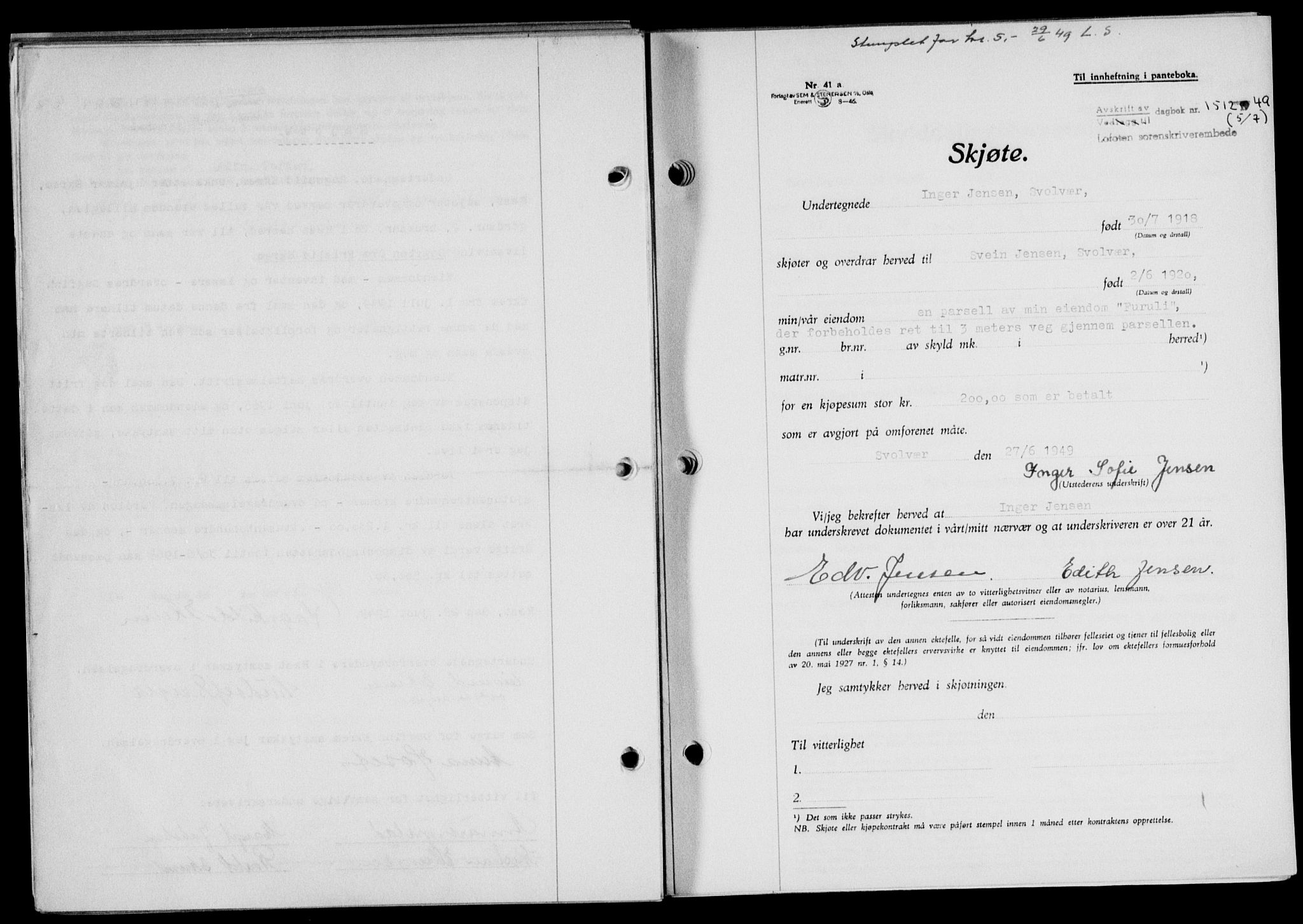 Lofoten sorenskriveri, SAT/A-0017/1/2/2C/L0021a: Mortgage book no. 21a, 1949-1949, Diary no: : 1512/1949