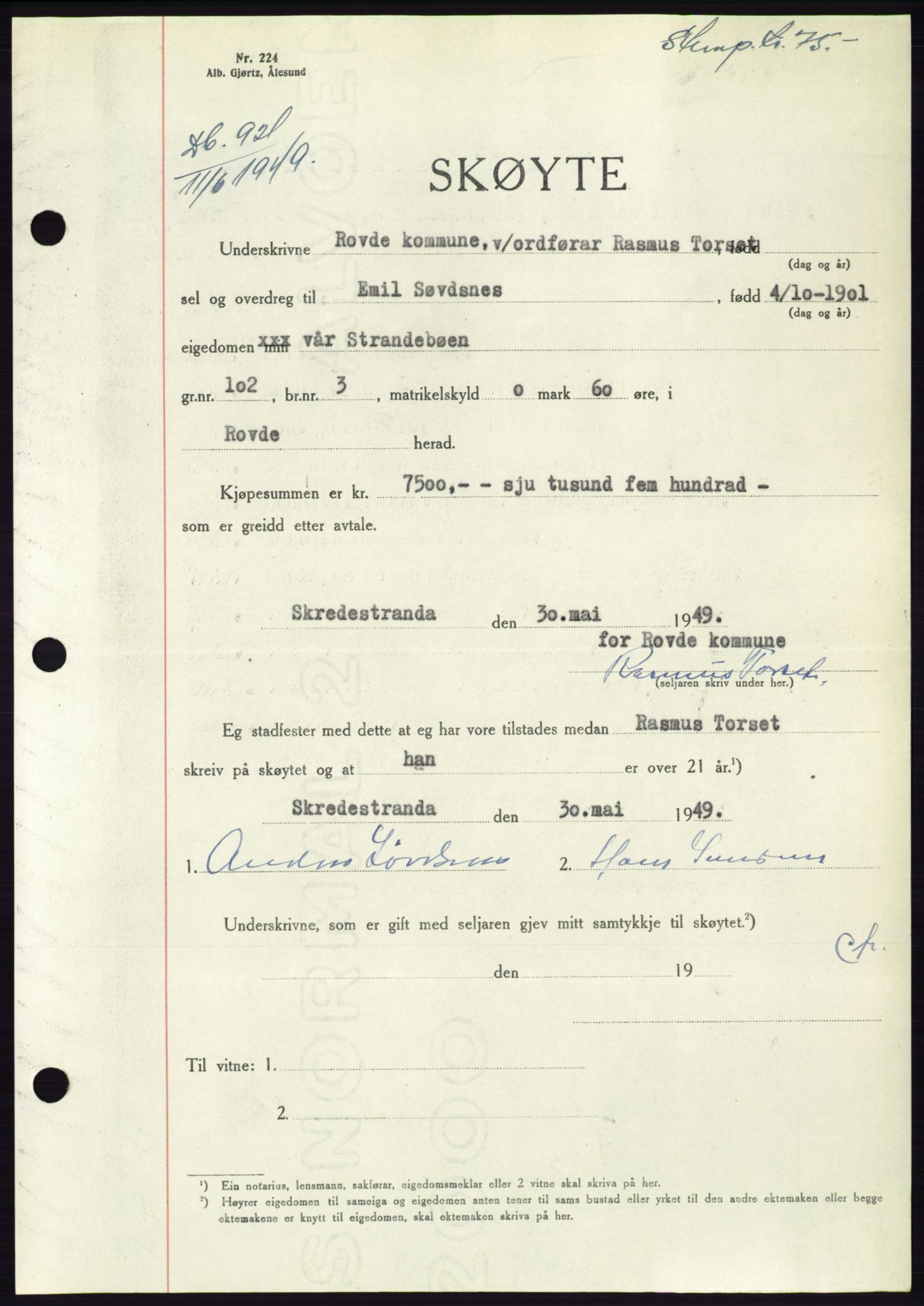 Søre Sunnmøre sorenskriveri, AV/SAT-A-4122/1/2/2C/L0084: Mortgage book no. 10A, 1949-1949, Diary no: : 921/1949