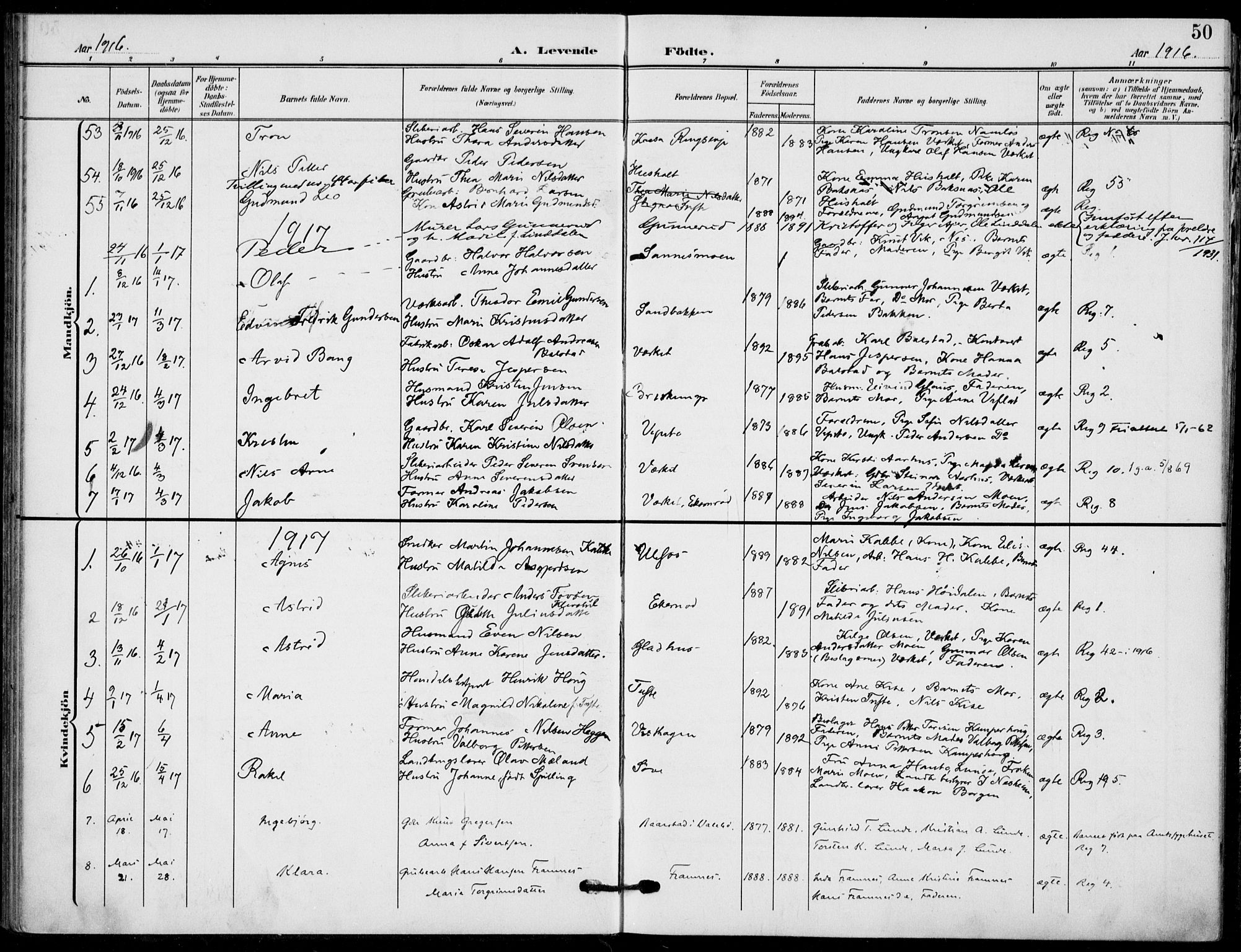 Holla kirkebøker, AV/SAKO-A-272/F/Fa/L0012: Parish register (official) no. 12, 1907-1923, p. 50