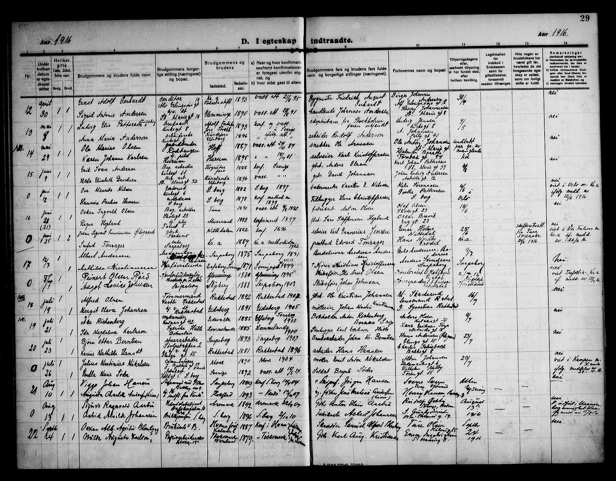 Sarpsborg prestekontor Kirkebøker, AV/SAO-A-2006/F/Fa/L0007: Parish register (official) no. 7, 1910-1918, p. 29