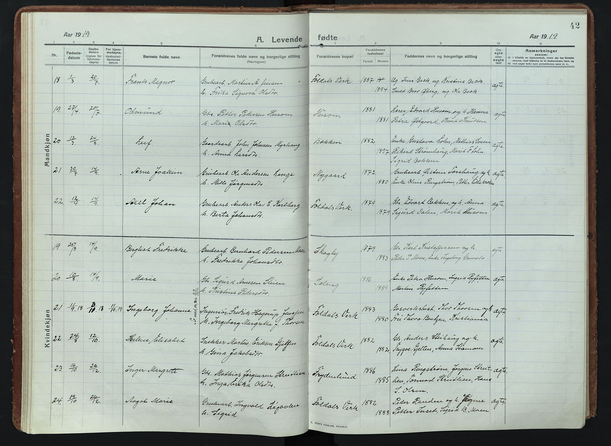 Alvdal prestekontor, AV/SAH-PREST-060/H/Ha/Haa/L0005: Parish register (official) no. 5, 1913-1930, p. 42