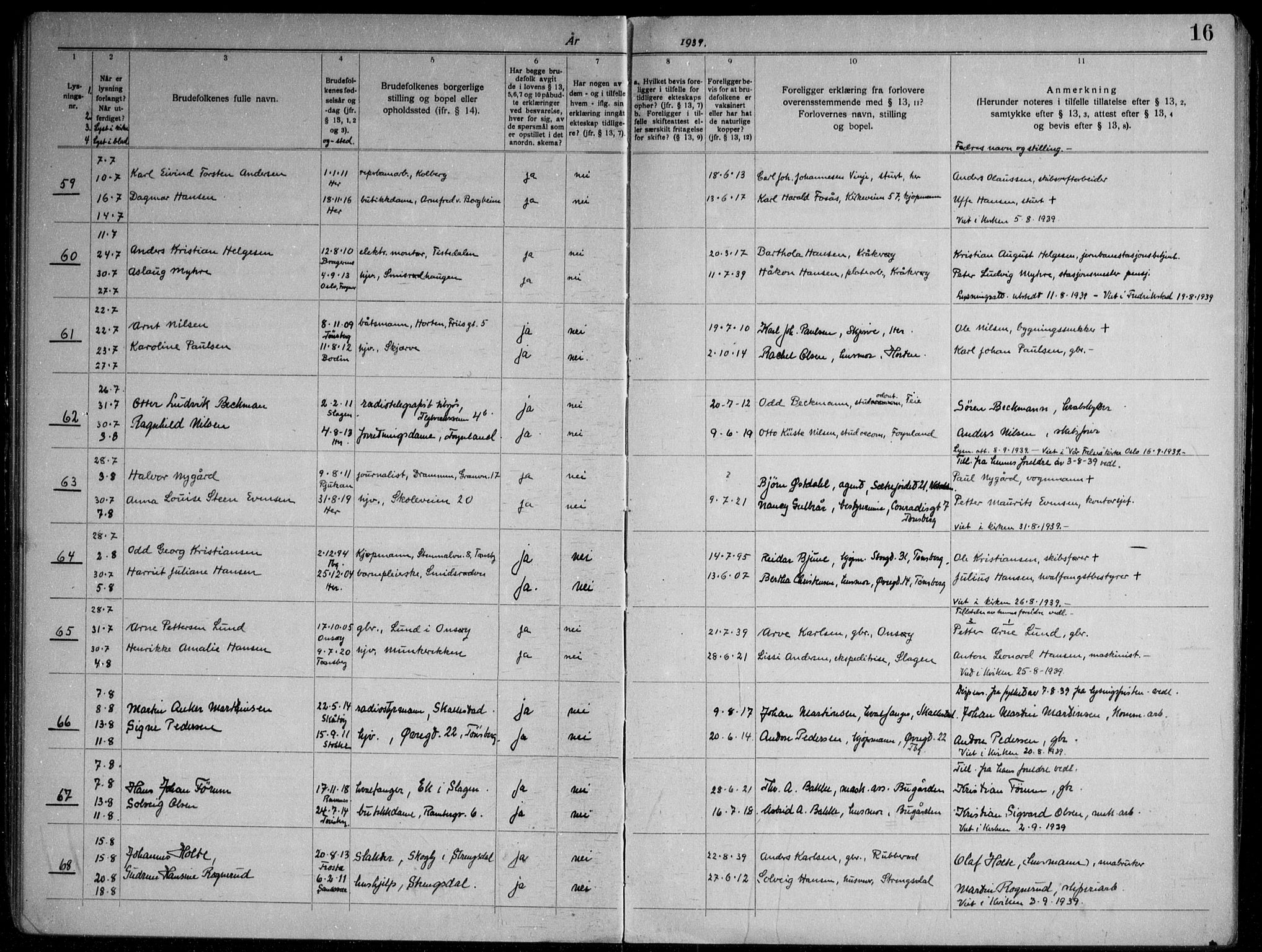 Nøtterøy kirkebøker, AV/SAKO-A-354/H/Ha/L0002: Banns register no. 2, 1937-1952, p. 16