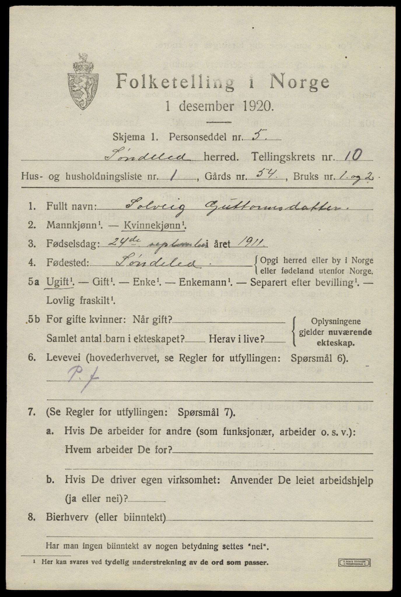 SAK, 1920 census for Søndeled, 1920, p. 4955