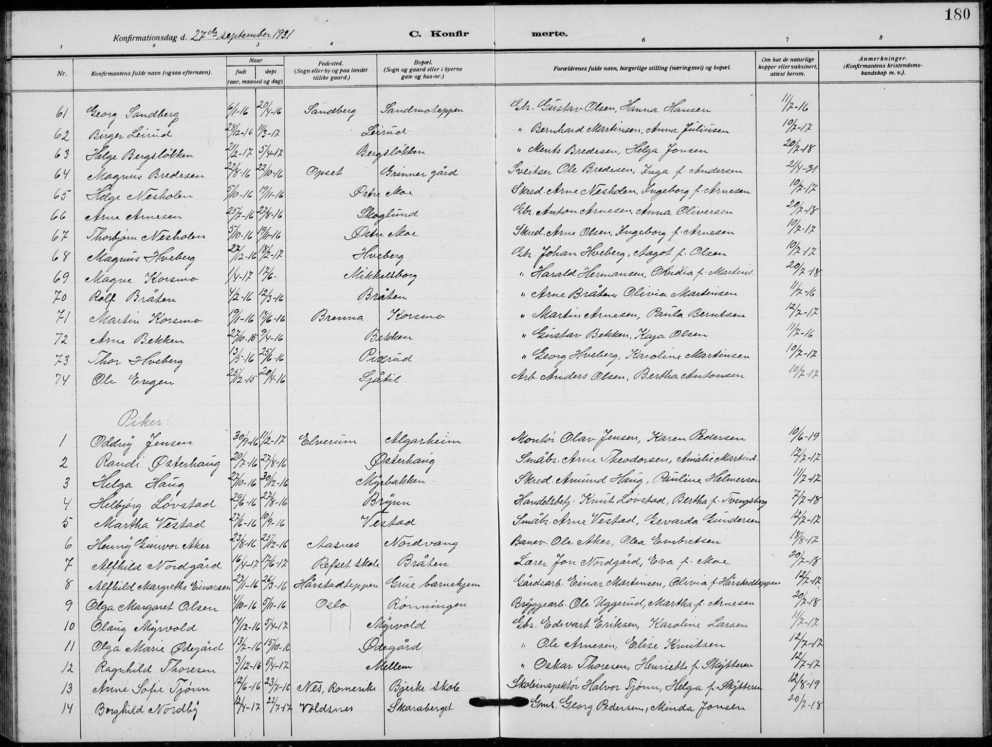 Grue prestekontor, AV/SAH-PREST-036/H/Ha/Hab/L0008: Parish register (copy) no. 8, 1921-1934, p. 180