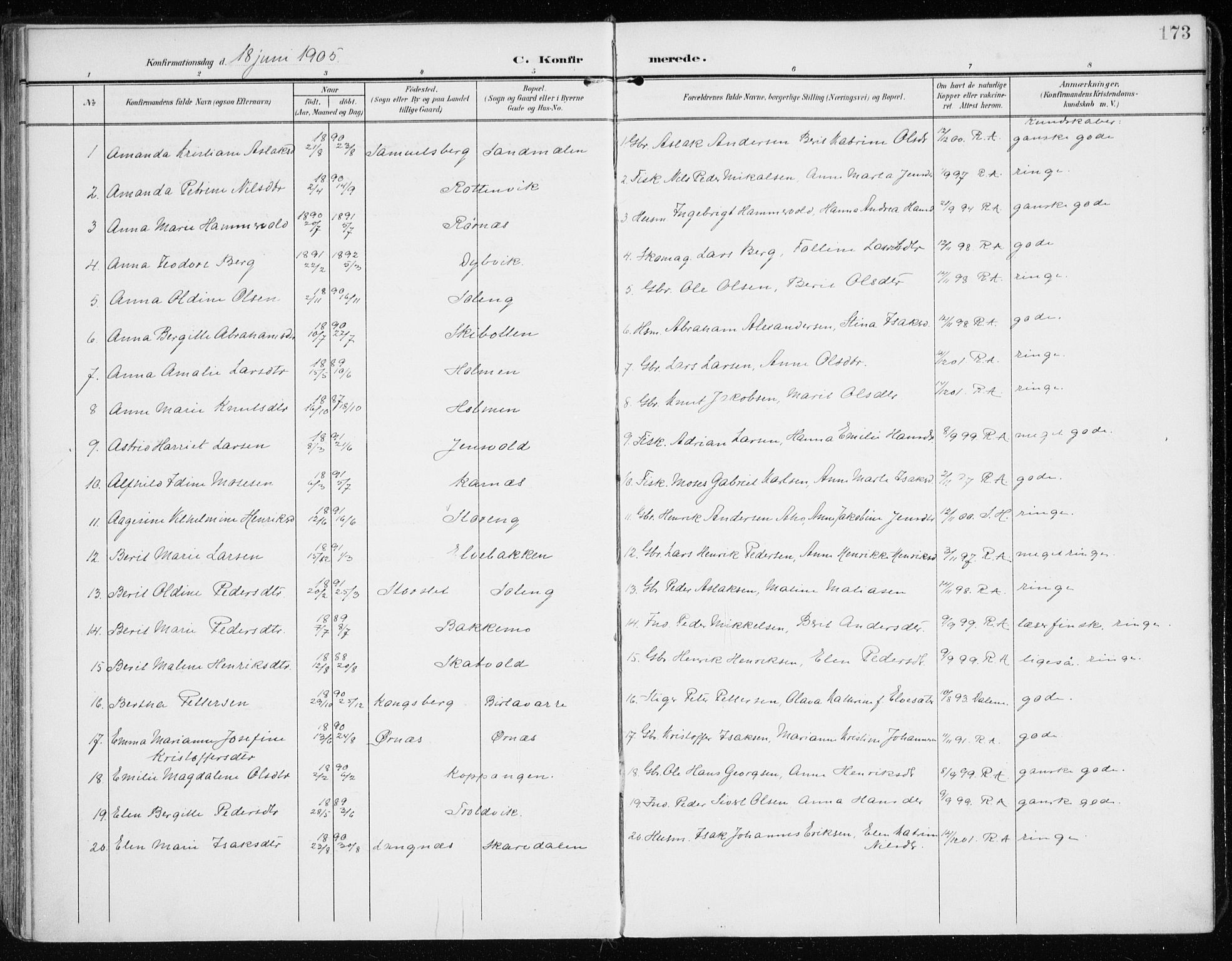 Lyngen sokneprestembete, SATØ/S-1289/H/He/Hea/L0011kirke: Parish register (official) no. 11, 1903-1913, p. 173