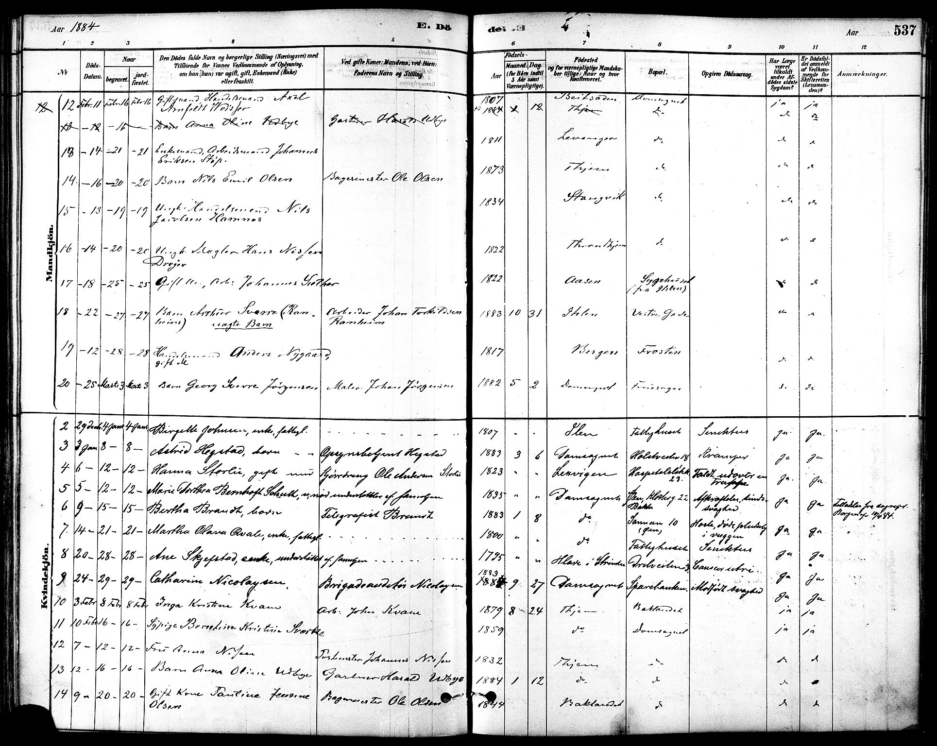 Ministerialprotokoller, klokkerbøker og fødselsregistre - Sør-Trøndelag, SAT/A-1456/601/L0058: Parish register (official) no. 601A26, 1877-1891, p. 537