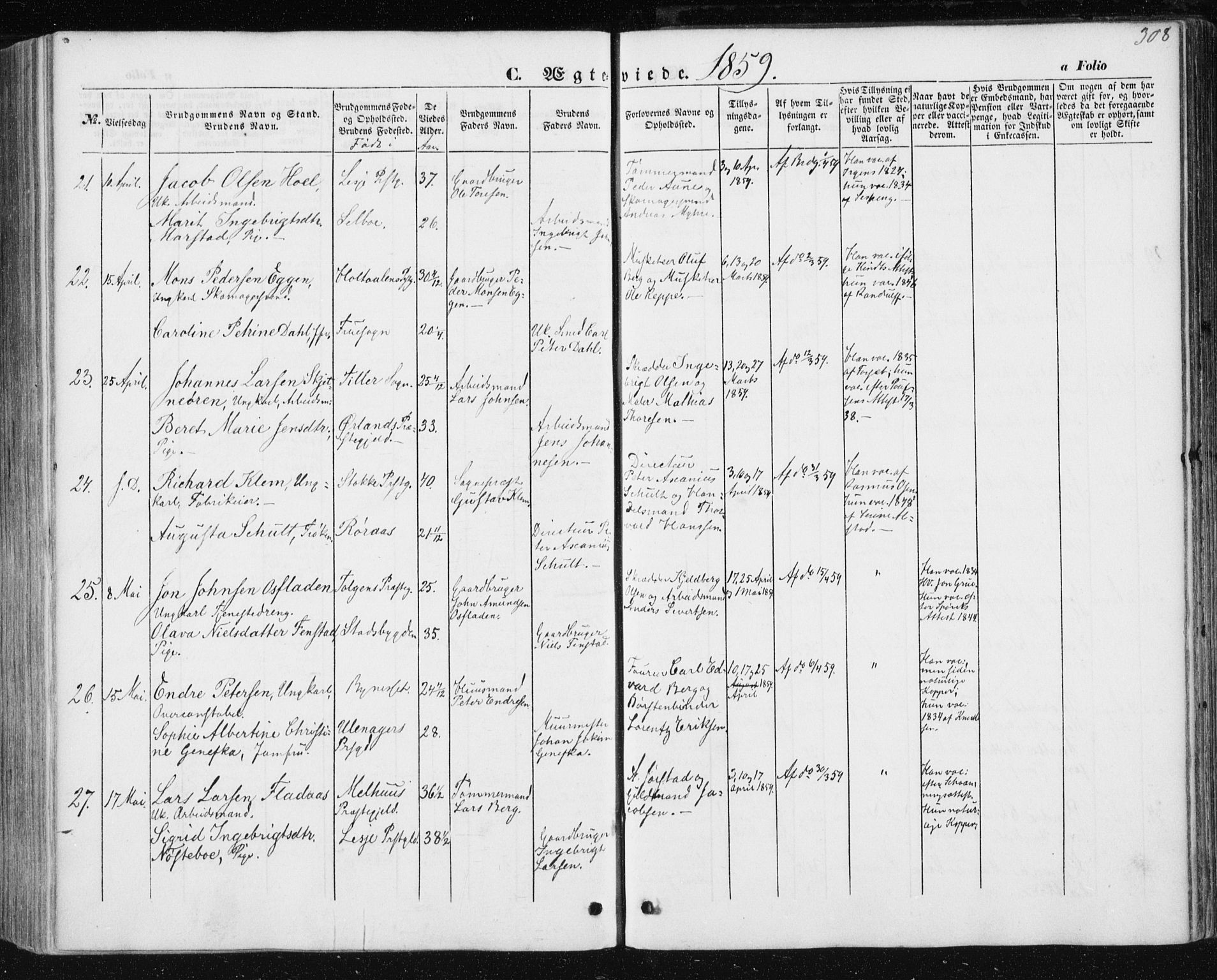 Ministerialprotokoller, klokkerbøker og fødselsregistre - Sør-Trøndelag, AV/SAT-A-1456/602/L0112: Parish register (official) no. 602A10, 1848-1859, p. 308