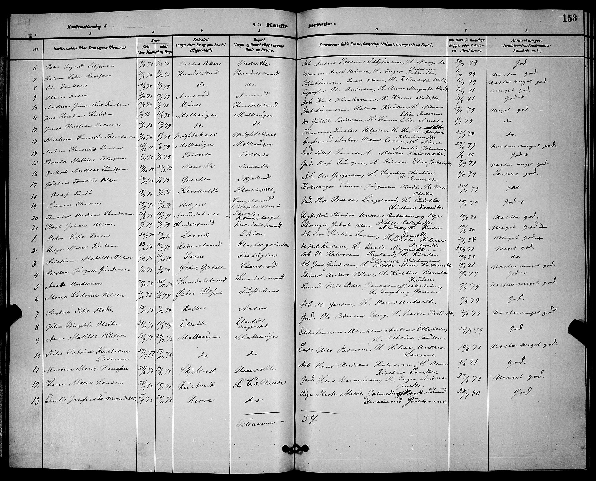 Solum kirkebøker, SAKO/A-306/G/Ga/L0007: Parish register (copy) no. I 7, 1884-1898, p. 153