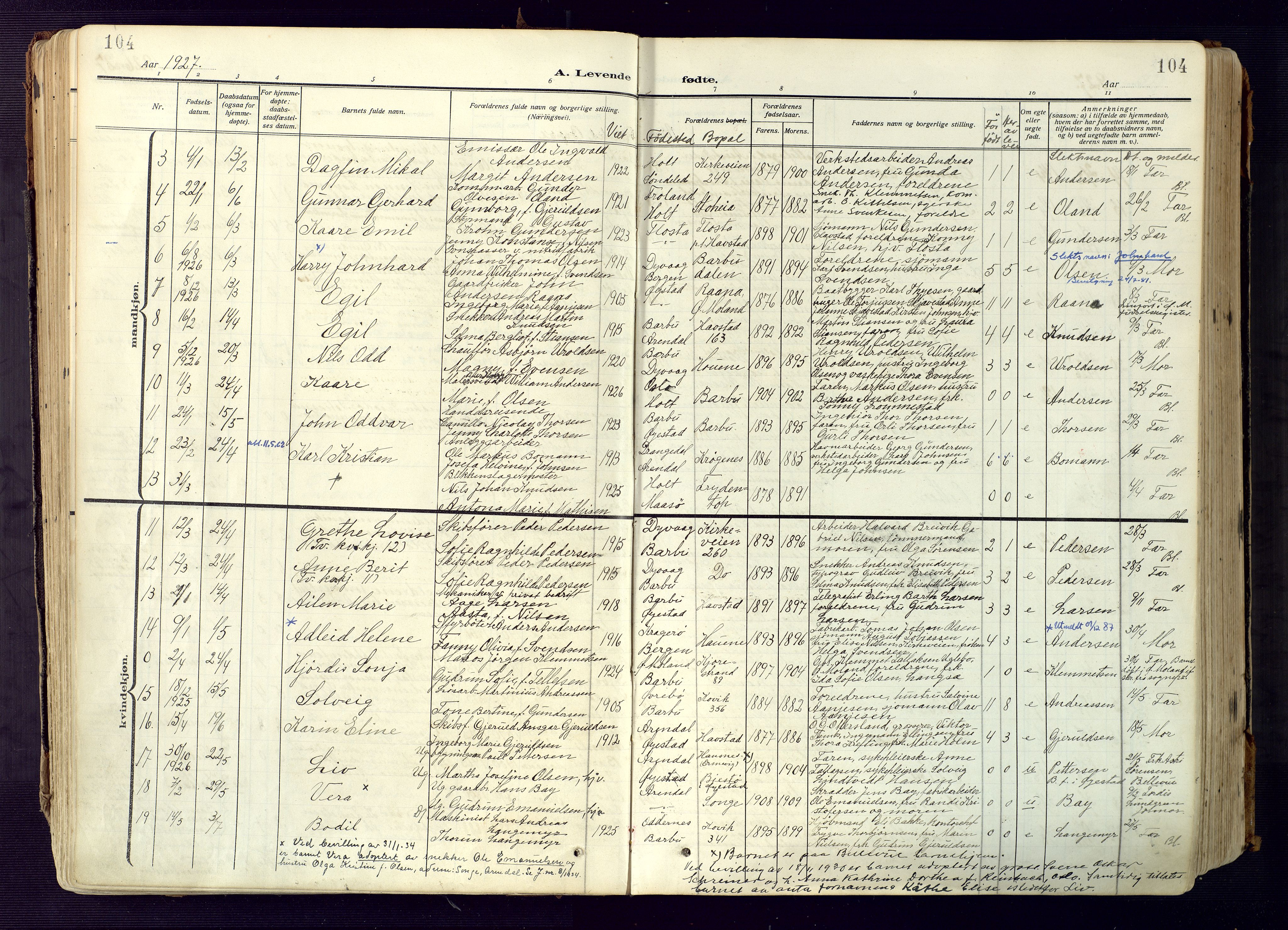 Barbu sokneprestkontor, SAK/1111-0003/F/Fa/L0006: Parish register (official) no. A 6, 1910-1929, p. 104