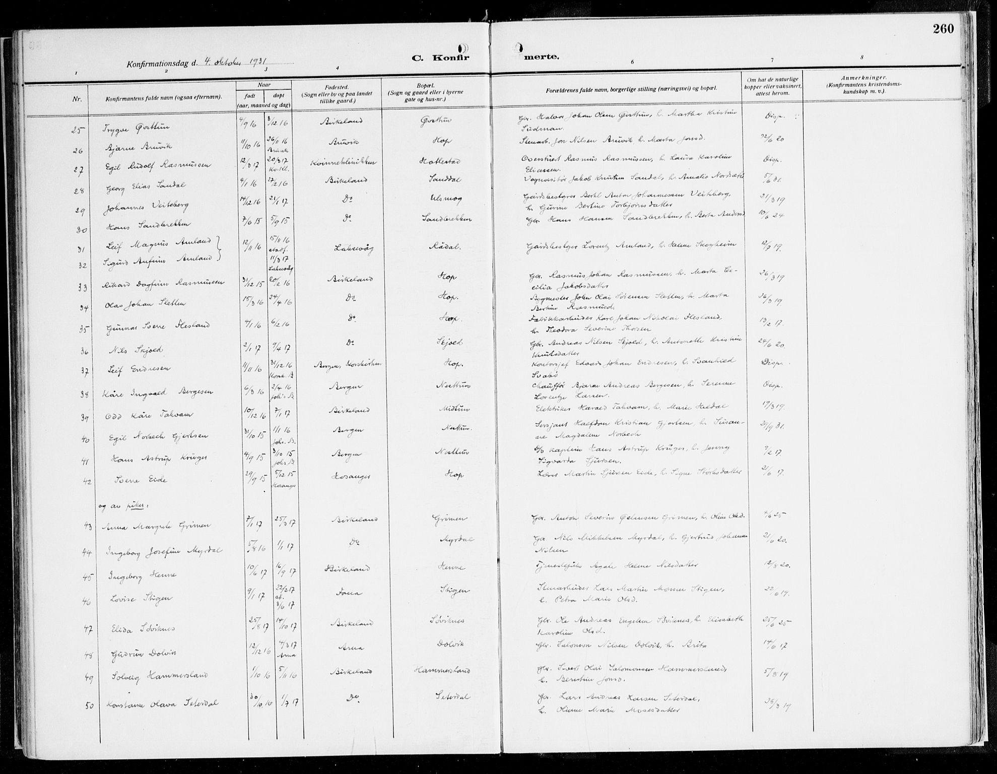 Fana Sokneprestembete, SAB/A-75101/H/Haa/Haaj/L0001: Parish register (official) no. J 1, 1921-1935, p. 260