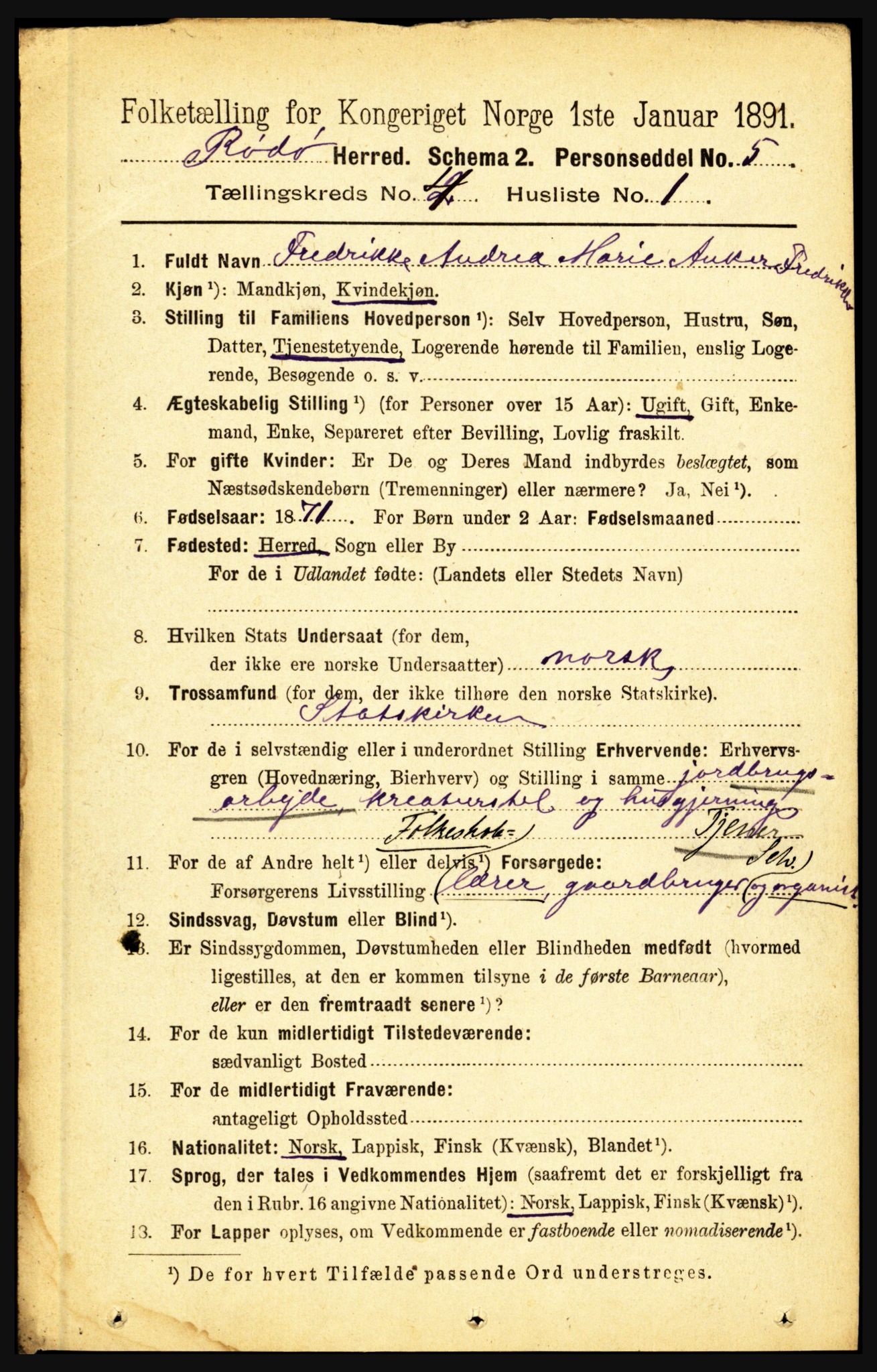 RA, 1891 census for 1836 Rødøy, 1891, p. 1589