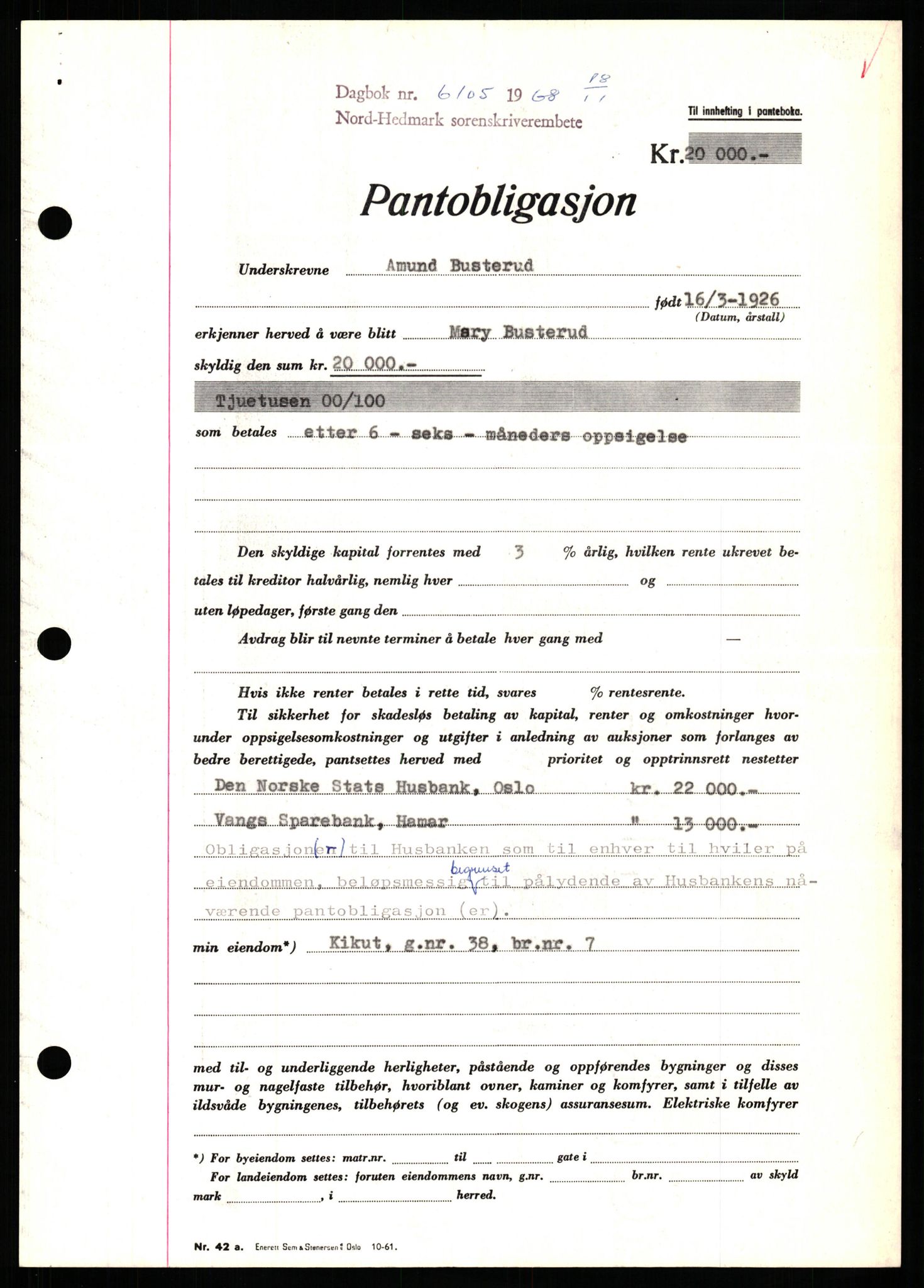 Nord-Hedmark sorenskriveri, SAH/TING-012/H/Hb/Hbf/L0077: Mortgage book no. B77, 1968-1969, Diary no: : 6105/1968