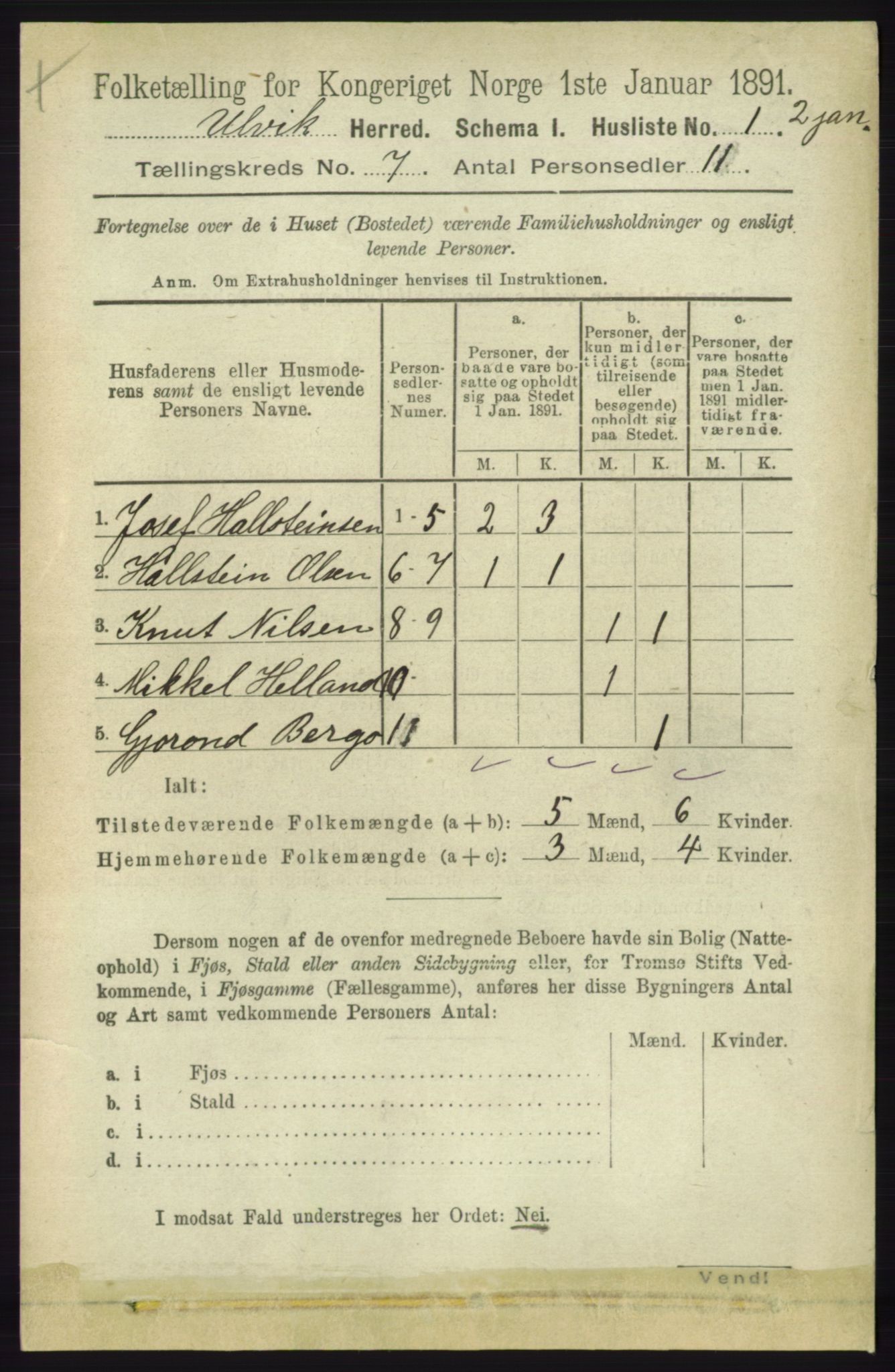 RA, 1891 census for 1233 Ulvik, 1891, p. 2225