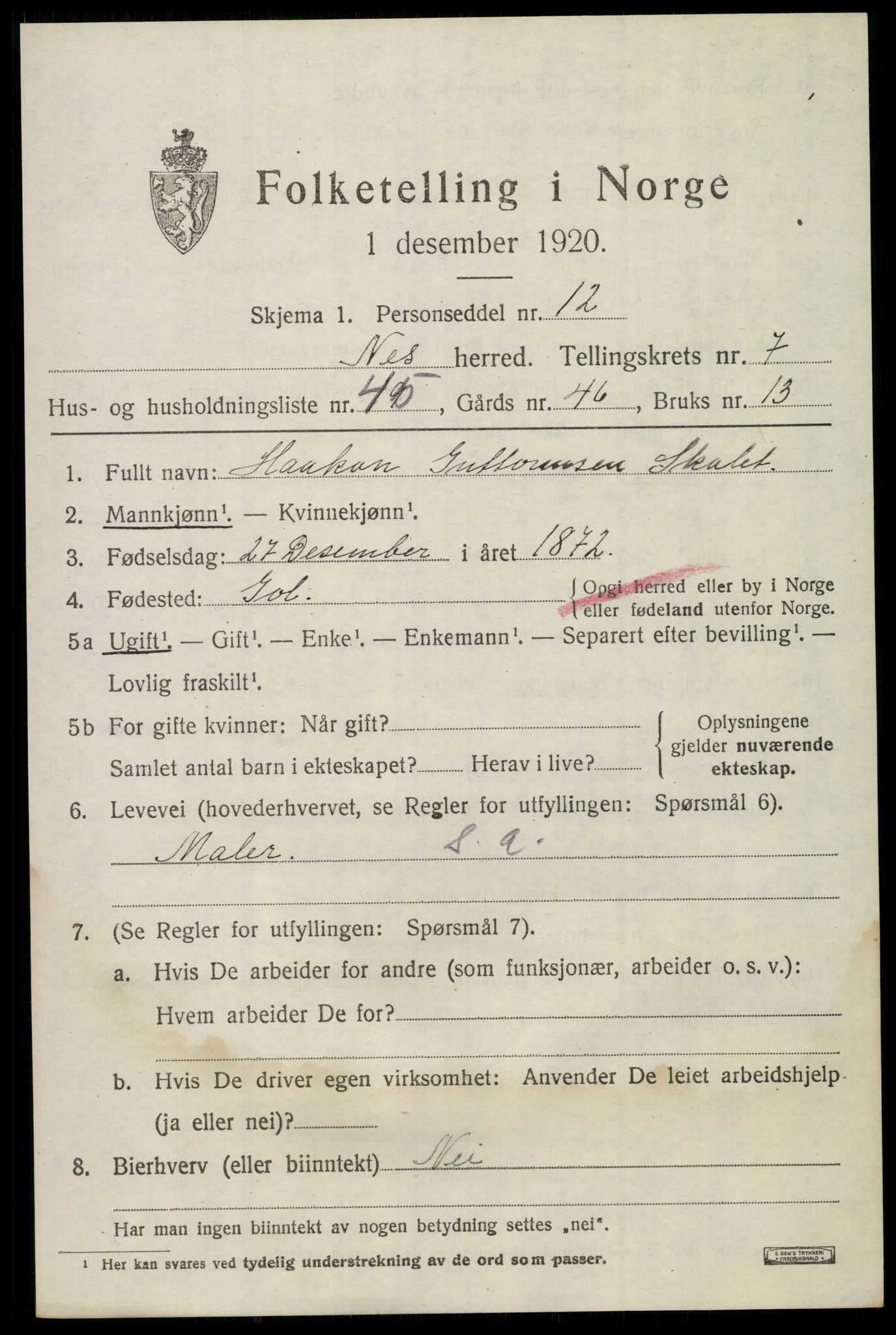 SAKO, 1920 census for Nes (Buskerud), 1920, p. 5014