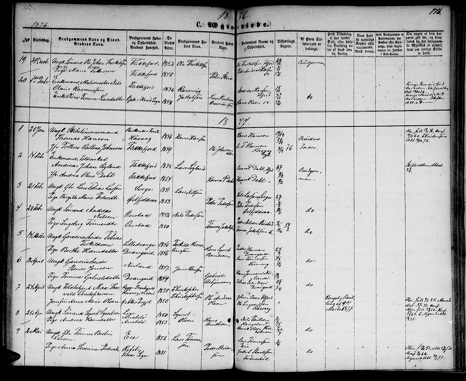 Flekkefjord sokneprestkontor, SAK/1111-0012/F/Fb/Fbc/L0006: Parish register (copy) no. B 6, 1866-1879, p. 176