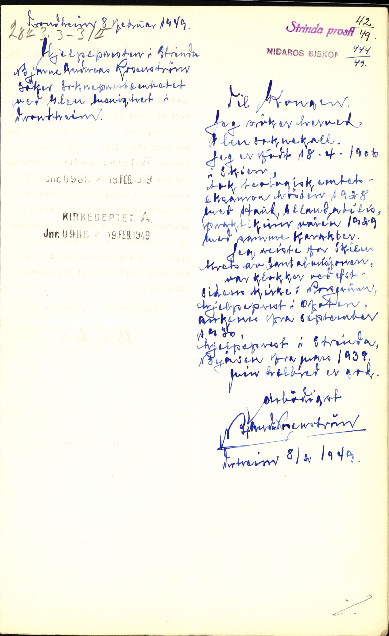 Kirke- og undervisningsdepartementet, Kontoret  for kirke og geistlighet A, AV/RA-S-1007/Dcb/L0147: Embetssøknader. Rosenstrøm - Rummelhof, 1850-1953, p. 85