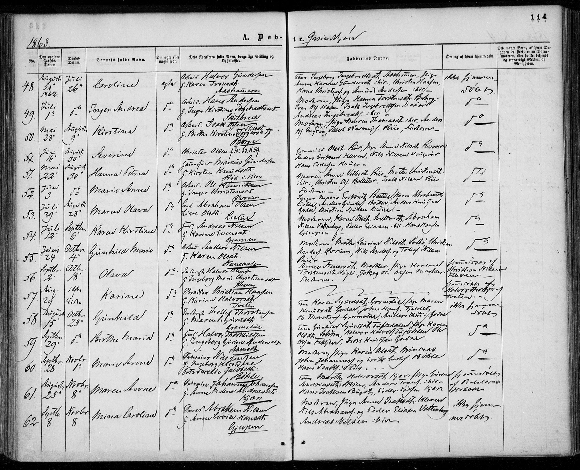 Gjerpen kirkebøker, SAKO/A-265/F/Fa/L0008a: Parish register (official) no. I 8A, 1857-1871, p. 114