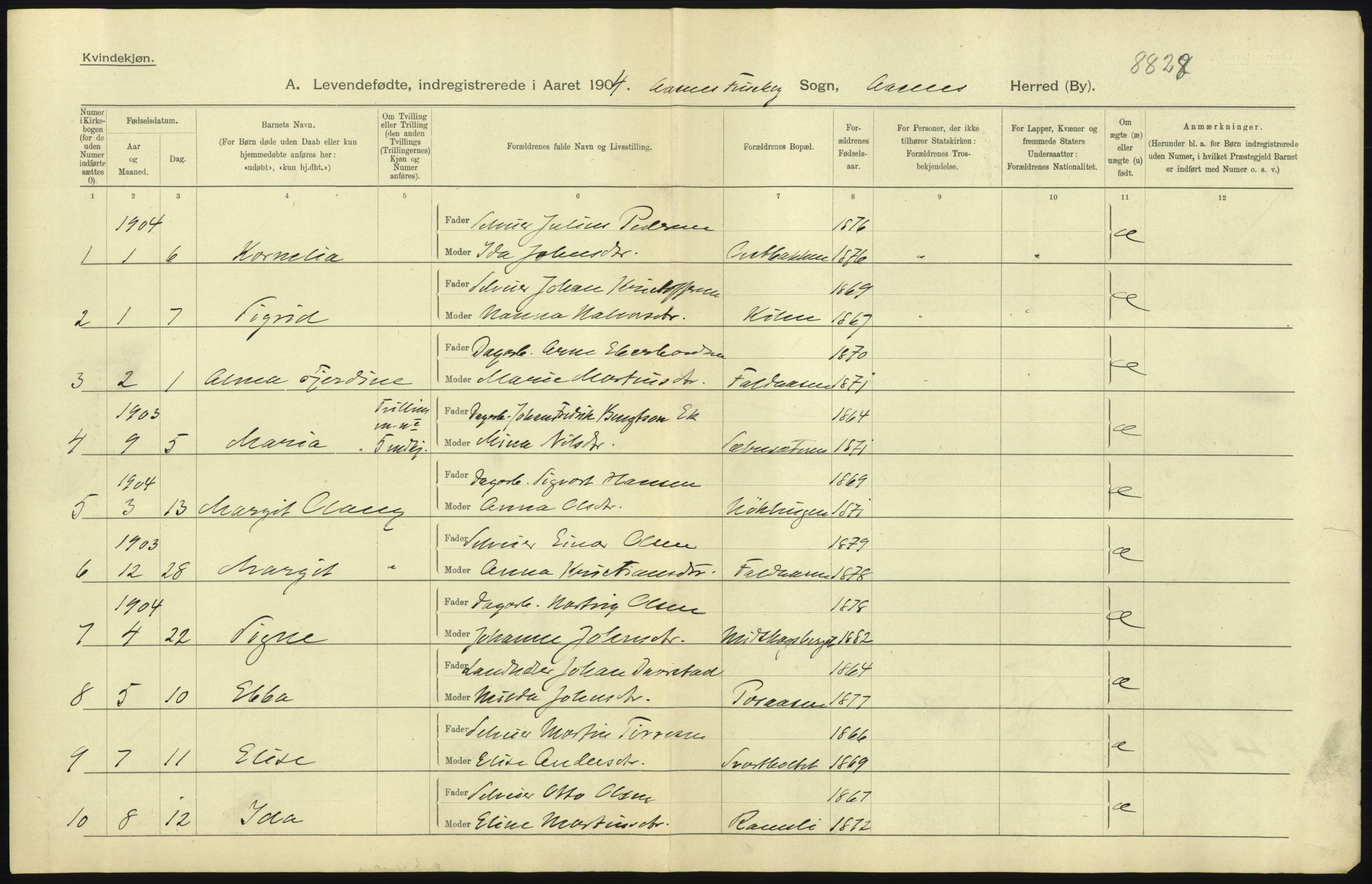 Statistisk sentralbyrå, Sosiodemografiske emner, Befolkning, AV/RA-S-2228/D/Df/Dfa/Dfab/L0005: Hedemarkens amt: Fødte, gifte, døde, 1904, p. 65