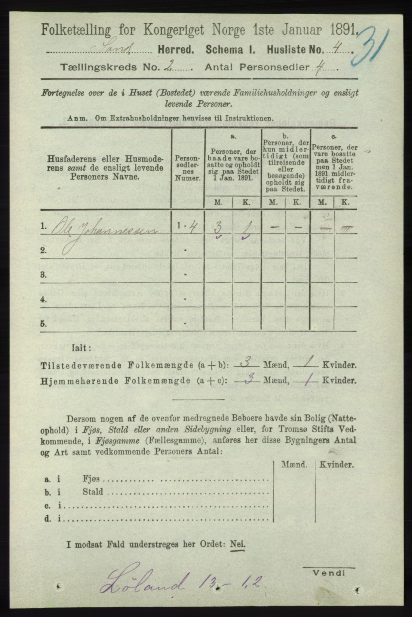 RA, 1891 census for 1136 Sand, 1891, p. 287